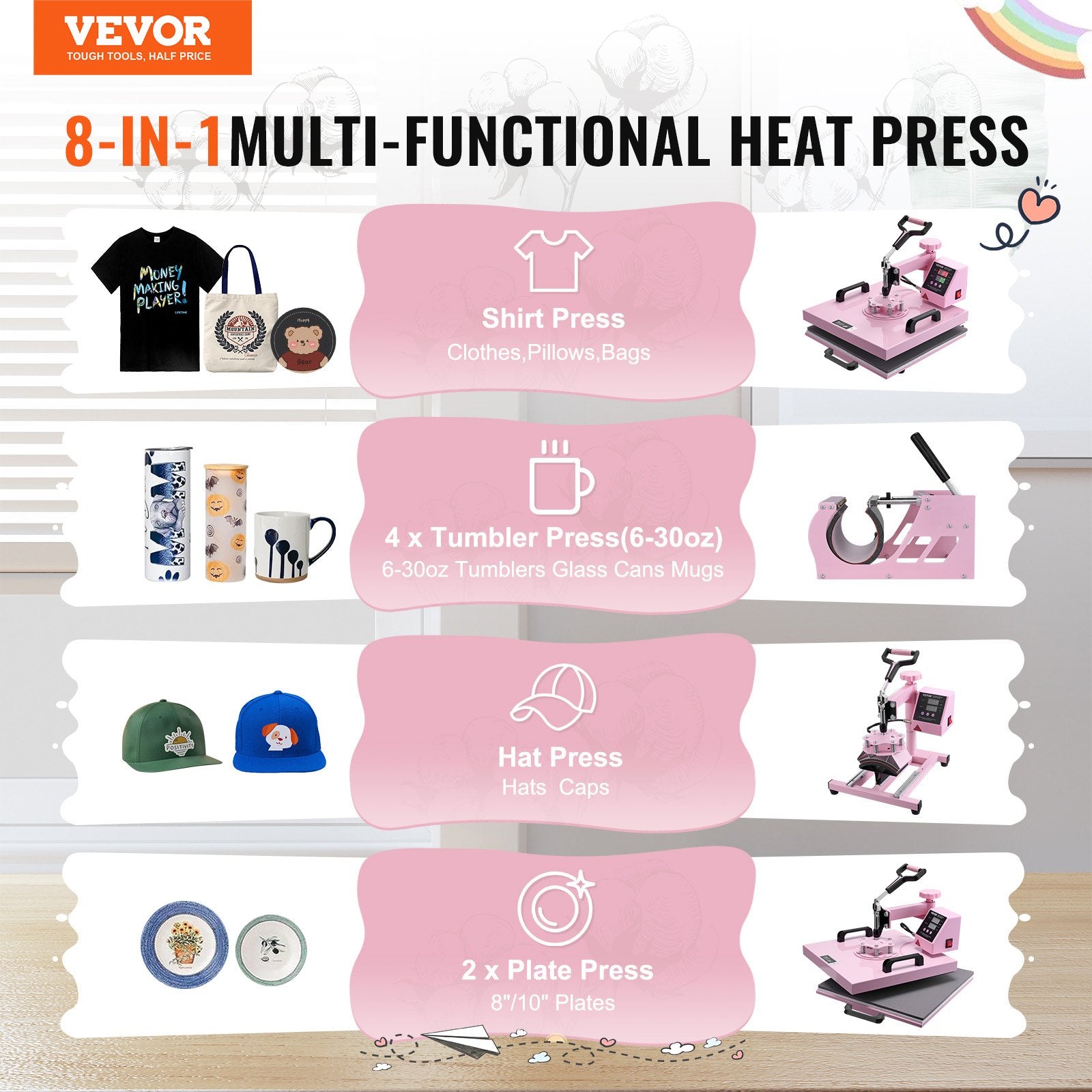 Heat Press Machine 15x15 Inch 5-in-1 Swing Away T-Shirt Tumbler Hat Pink