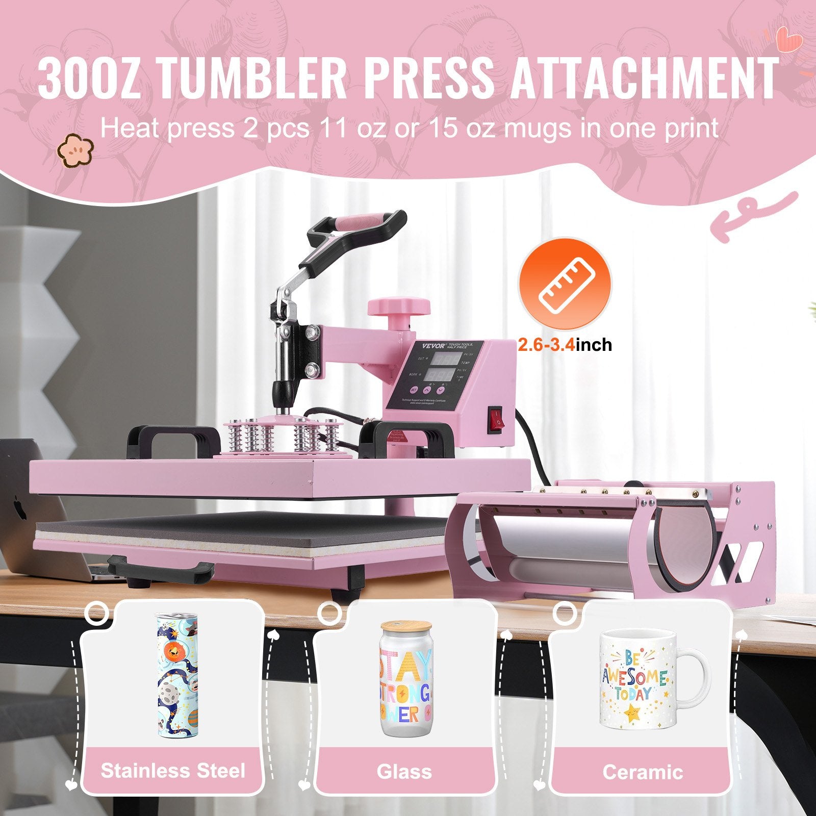 Heat Press Machine 15x15 Inch 5-in-1 Swing Away T-Shirt Tumbler Hat Pink