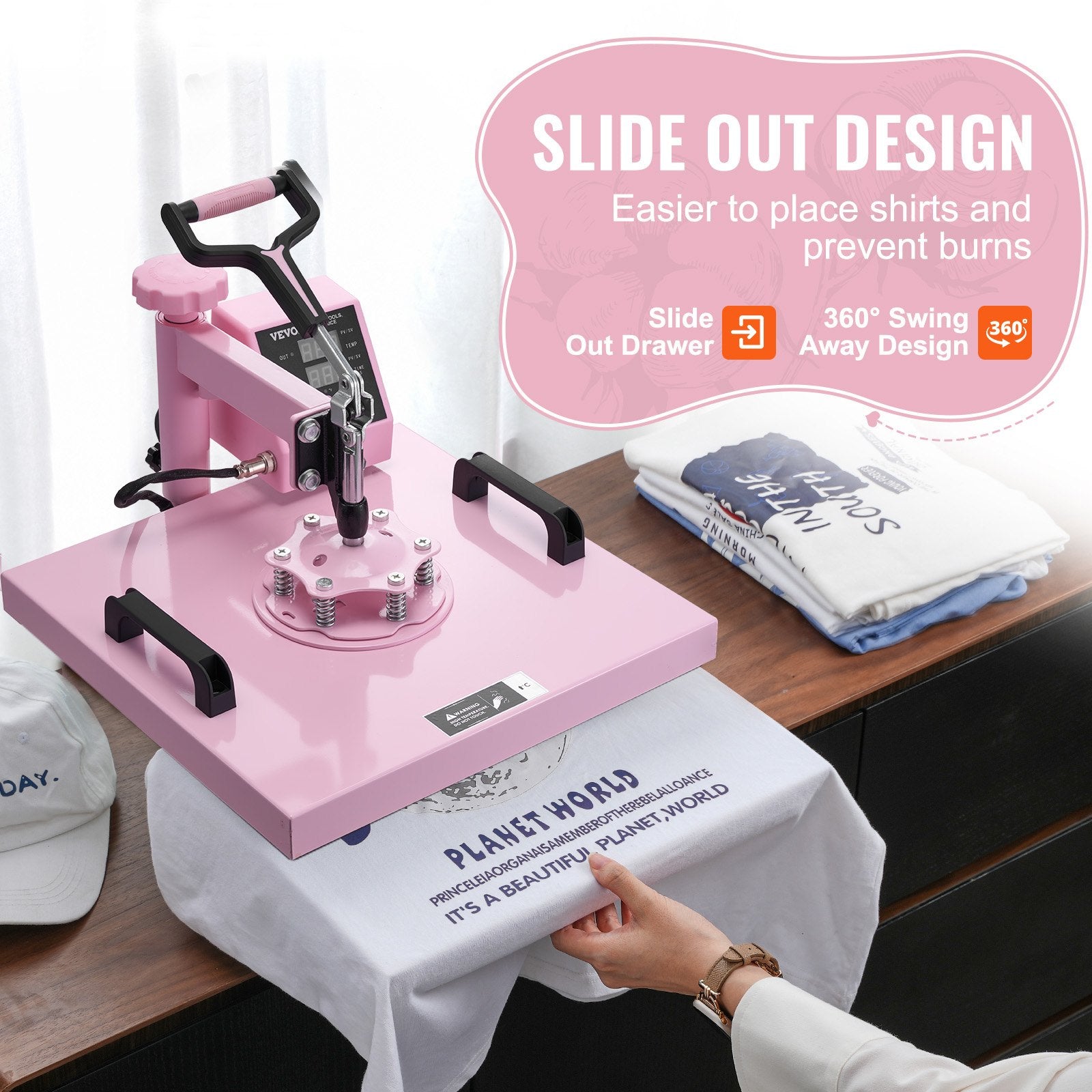 Heat Press Machine 15x15 Inch 5-in-1 Swing Away T-Shirt Tumbler Hat Pink