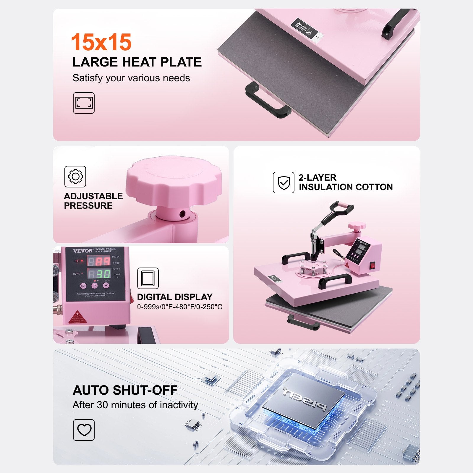 Heat Press Machine 15x15 Inch 5-in-1 Swing Away T-Shirt Tumbler Hat Pink