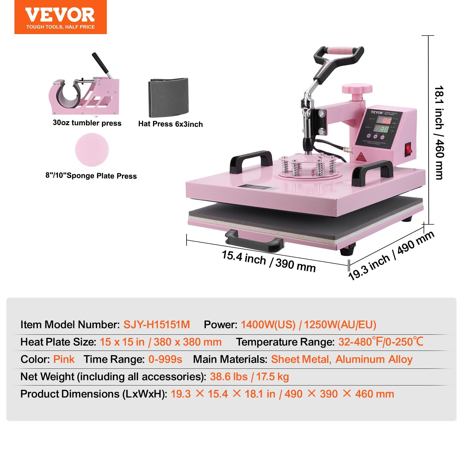 Heat Press Machine 15x15 Inch 5-in-1 Swing Away T-Shirt Tumbler Hat Pink