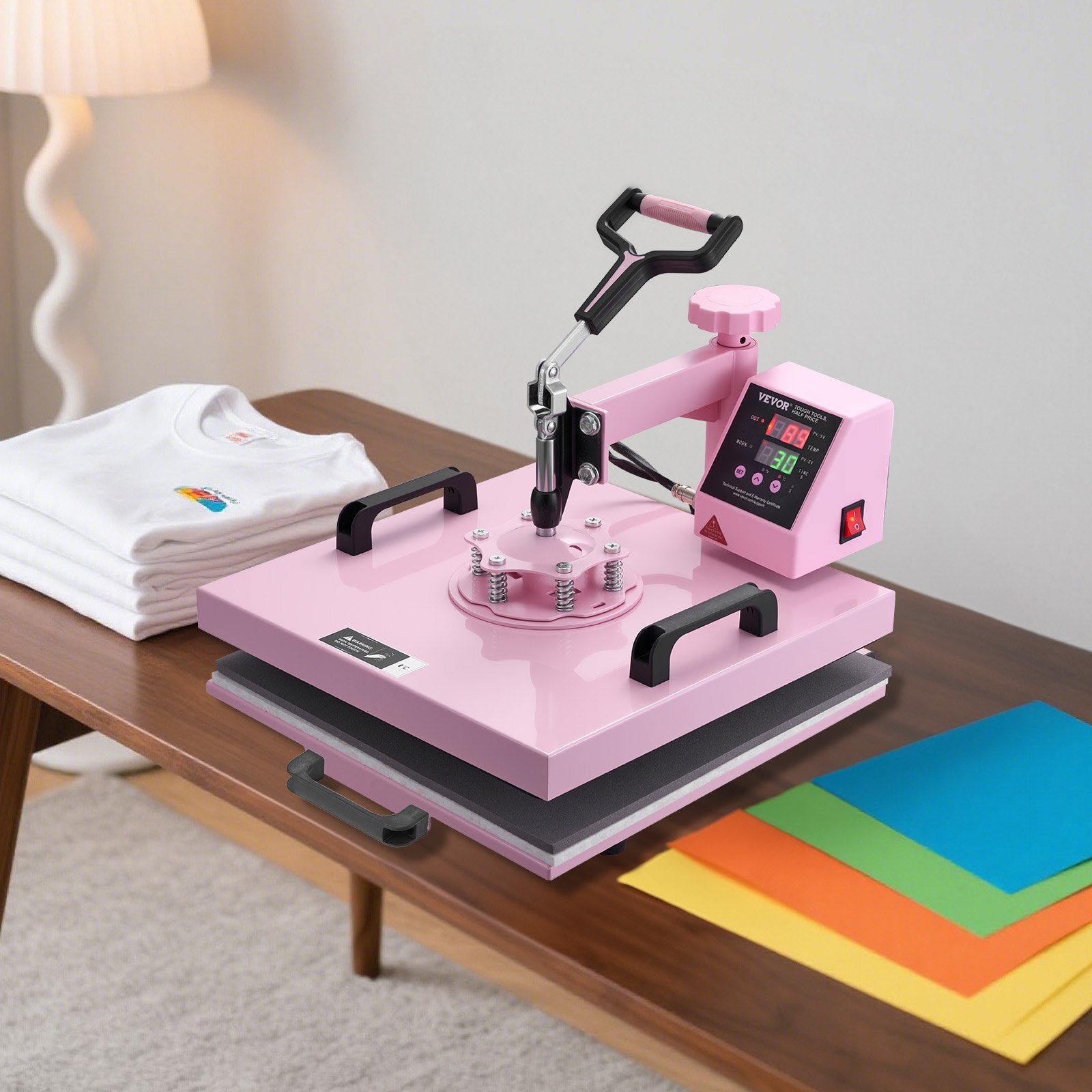 Heat Press Machine 15x15 Inch 5-in-1 Swing Away T-Shirt Tumbler Hat Pink
