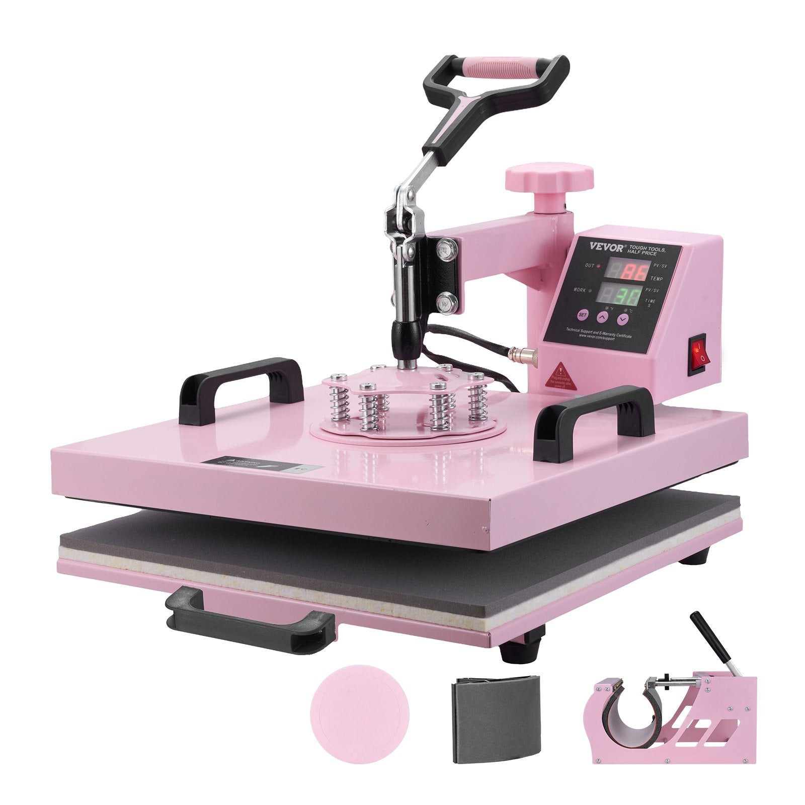 Heat Press Machine 15x15 Inch 5-in-1 Swing Away T-Shirt Tumbler Hat Pink
