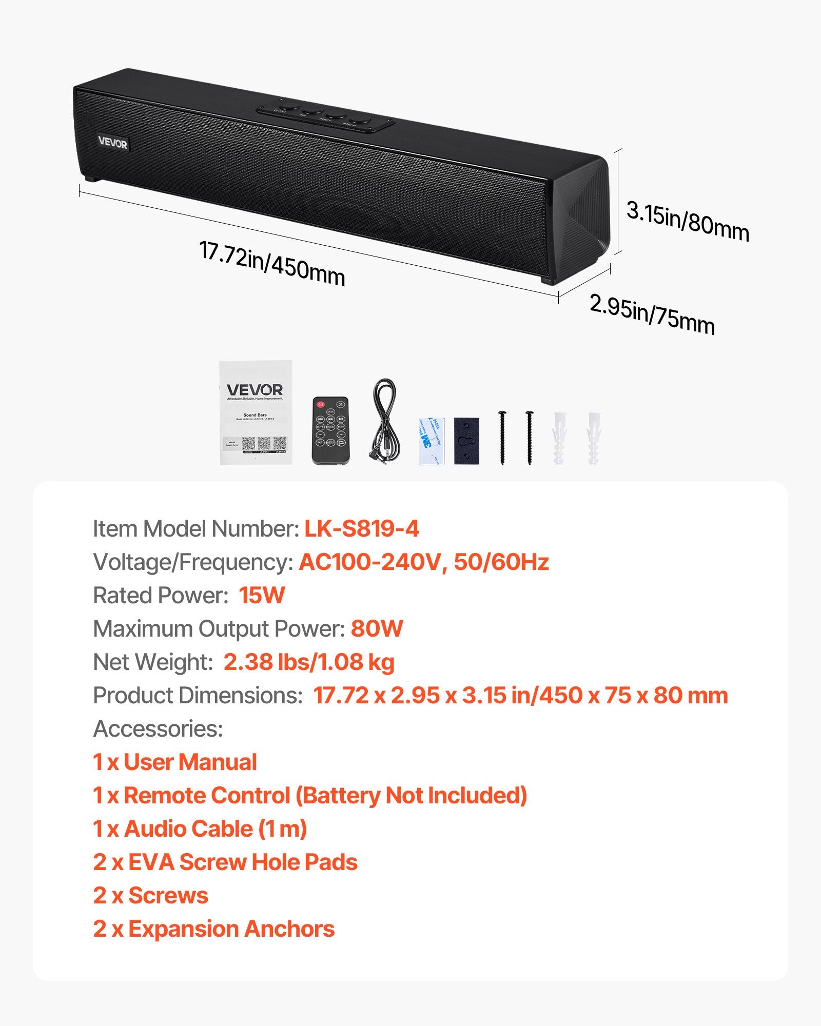 Sound Bar for Smart TV 2.0 Channel 450mm Compact Bluetooth AUX Speaker System