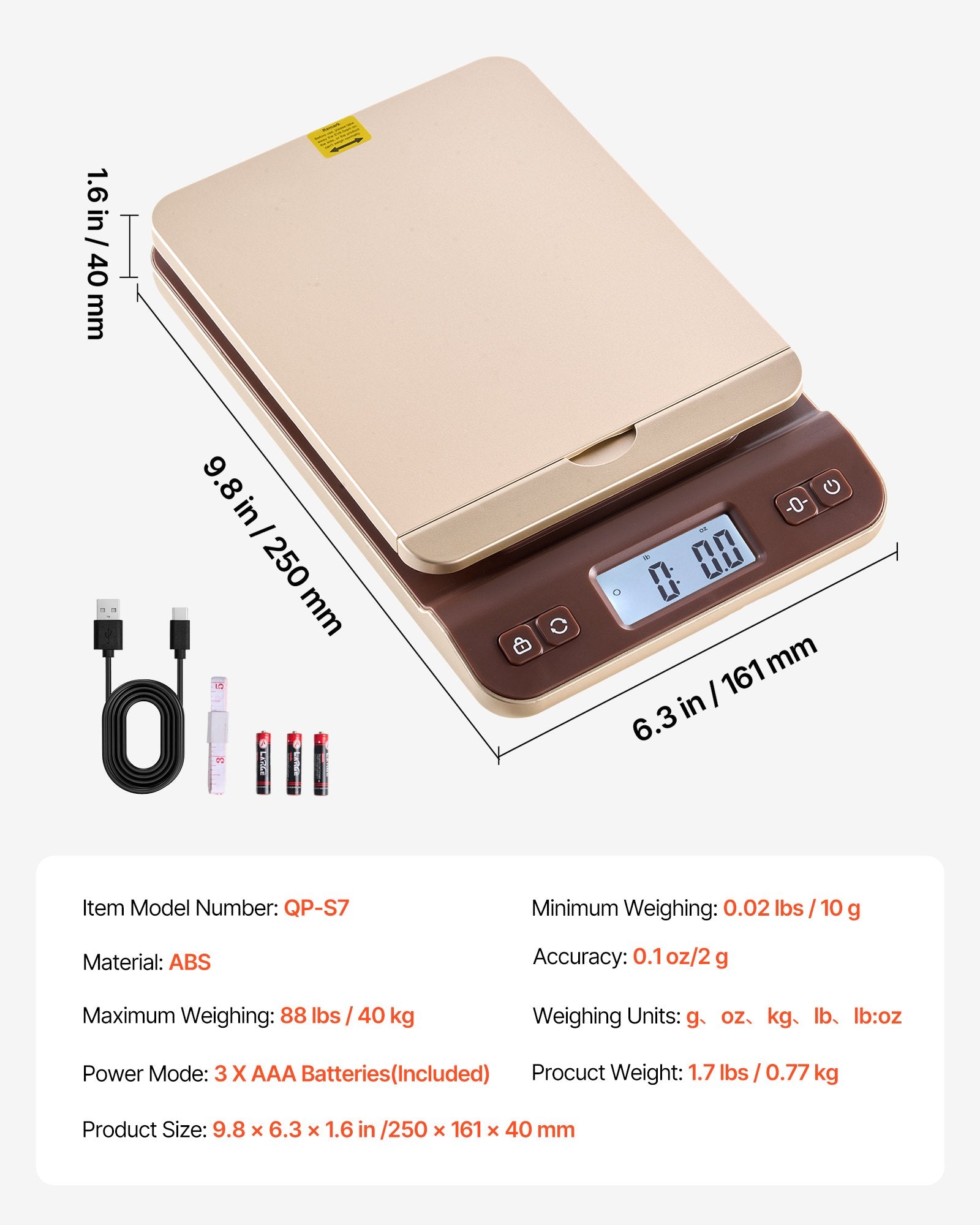 Digital Shipping Postal Scale 40 kg High Accuracy 2 g with Hold Tare Auto-Off