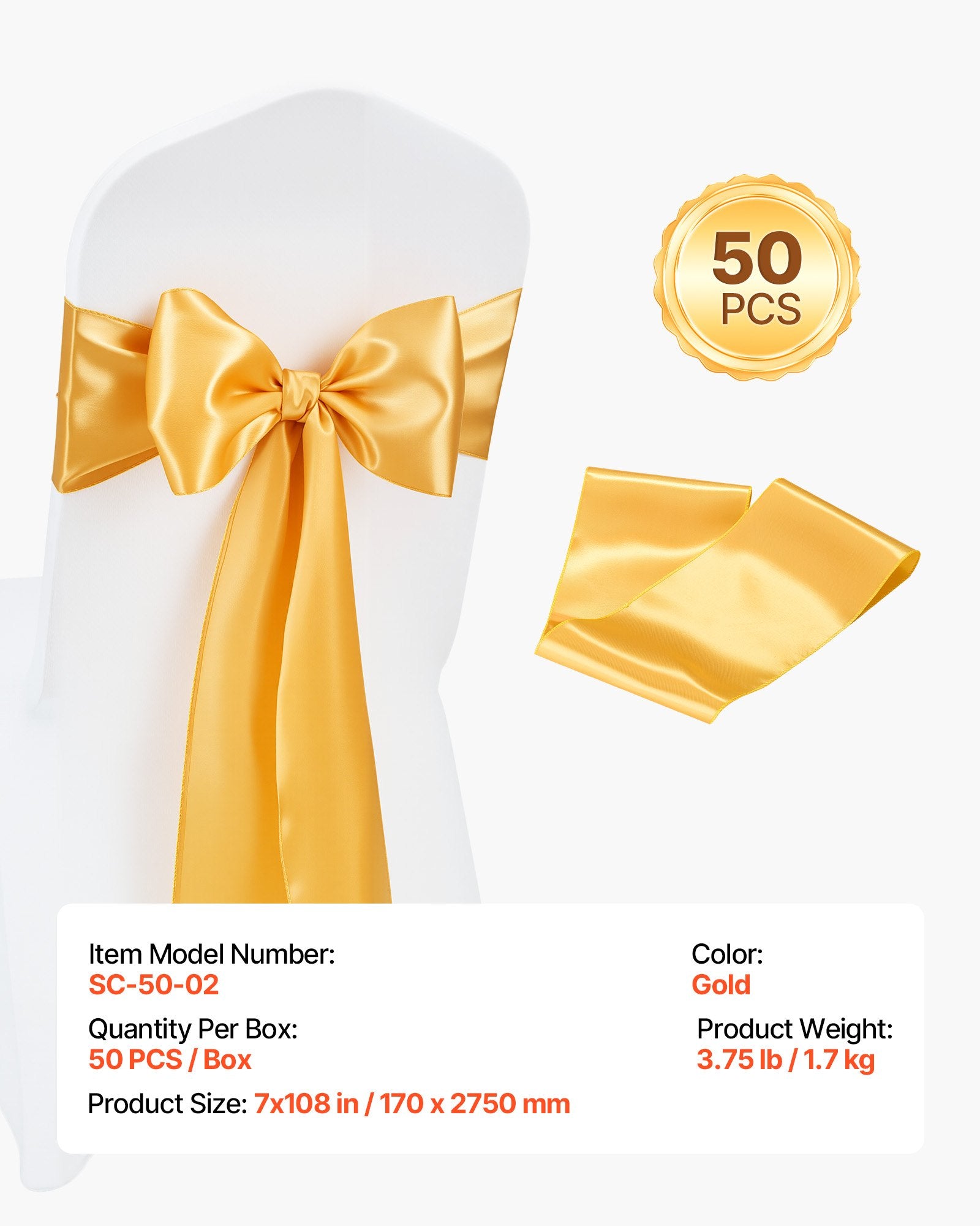 Stretch Spandex Chair Sashes Bows 50PCS Gold for Wedding