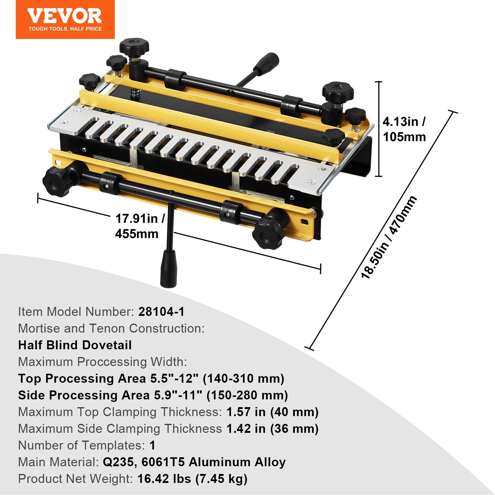 Dovetail Jig, 310 mm Width with Router Bit and 1/2” Template for Woodworking
