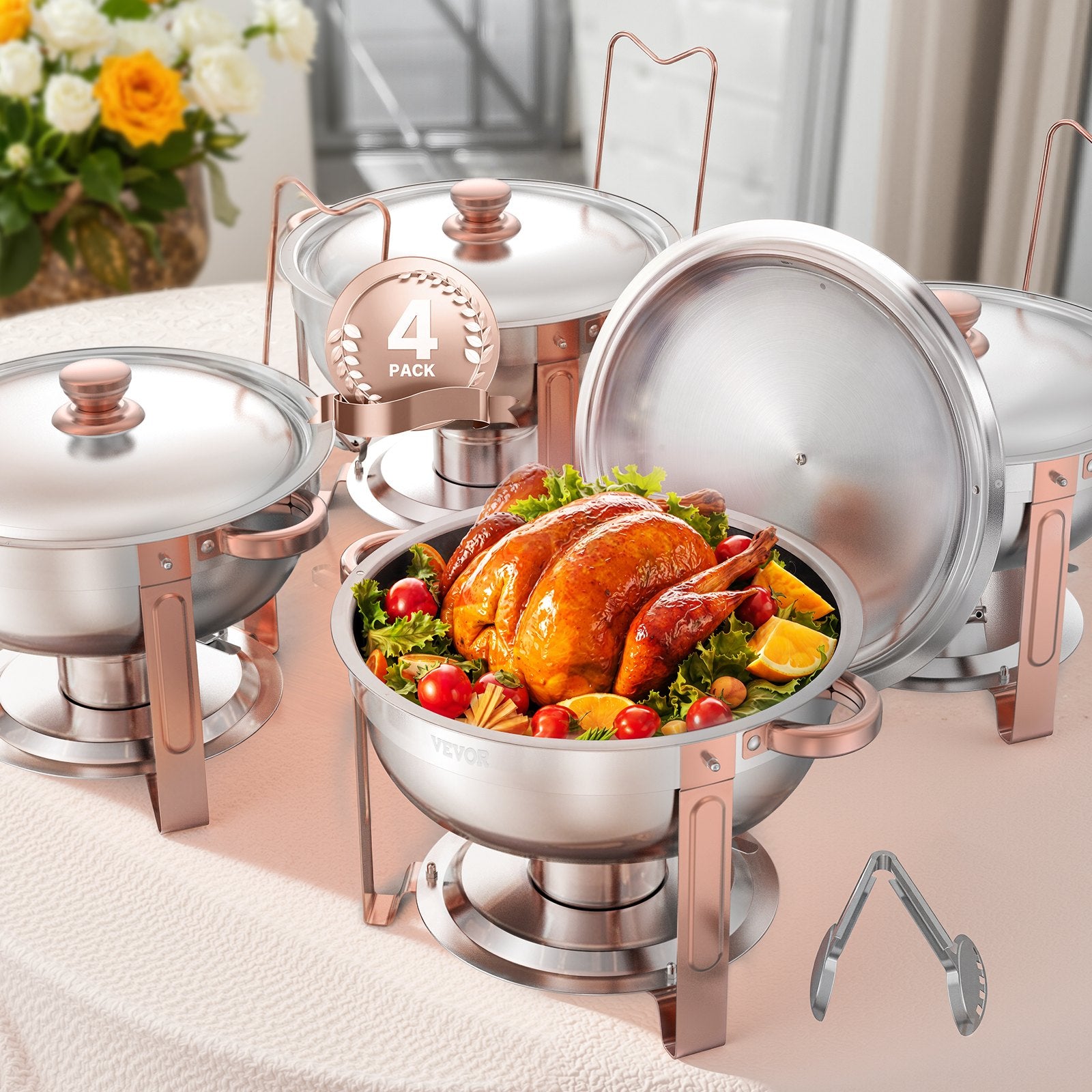 4-Pack 5 Qt Stainless Steel Chafing Dish Set Lid Folding Stand