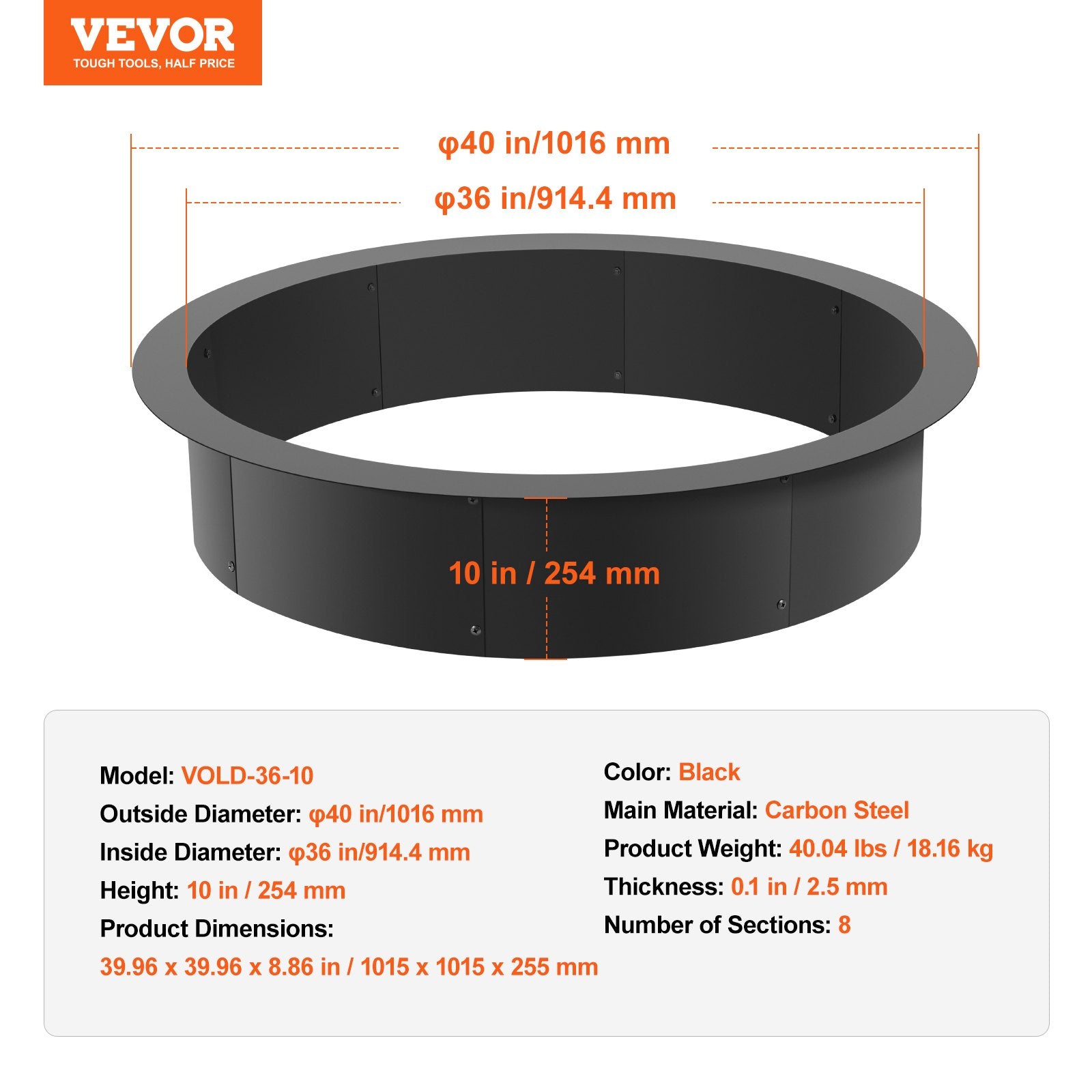 Fire Pit Ring 40in Outer 36in Inner 10in Height 2.5mm Carbon Steel Outdoor