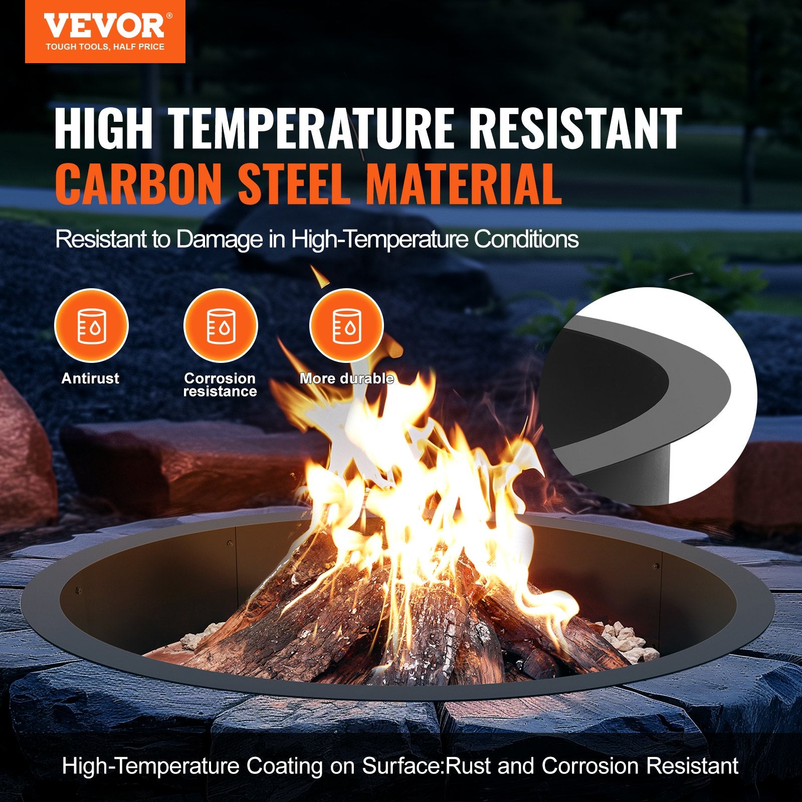Fire Pit Ring 45-In Outer/39-In Inner Carbon Steel Insert 10in Height Outdoor