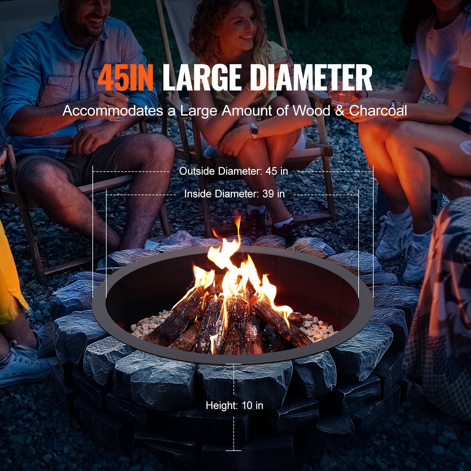Fire Pit Ring 45-In Outer/39-In Inner Carbon Steel Insert 10in Height Outdoor