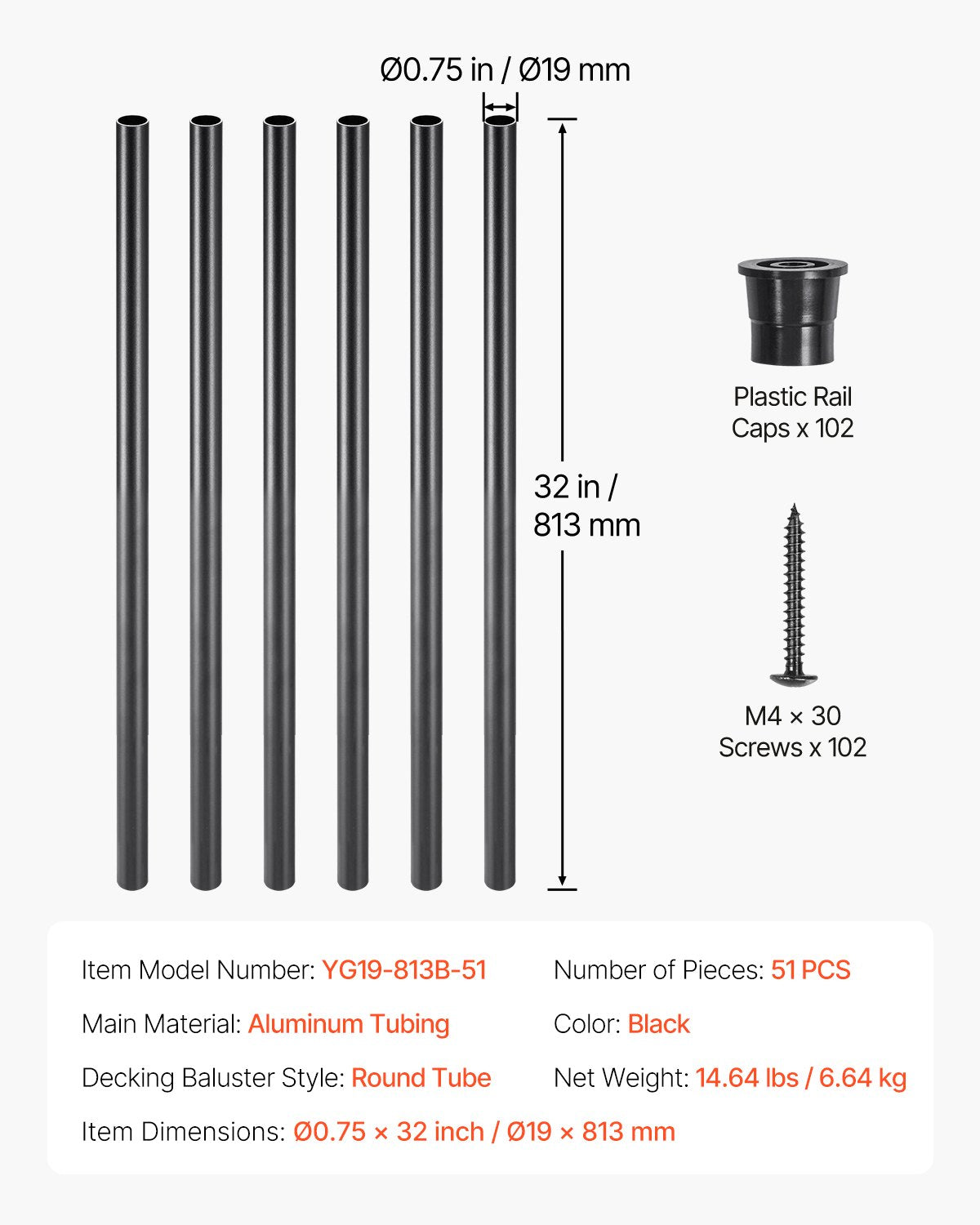 Staircase Balusters 51 Pack 813mm Aluminum 19mm Waterproof Round Spindles