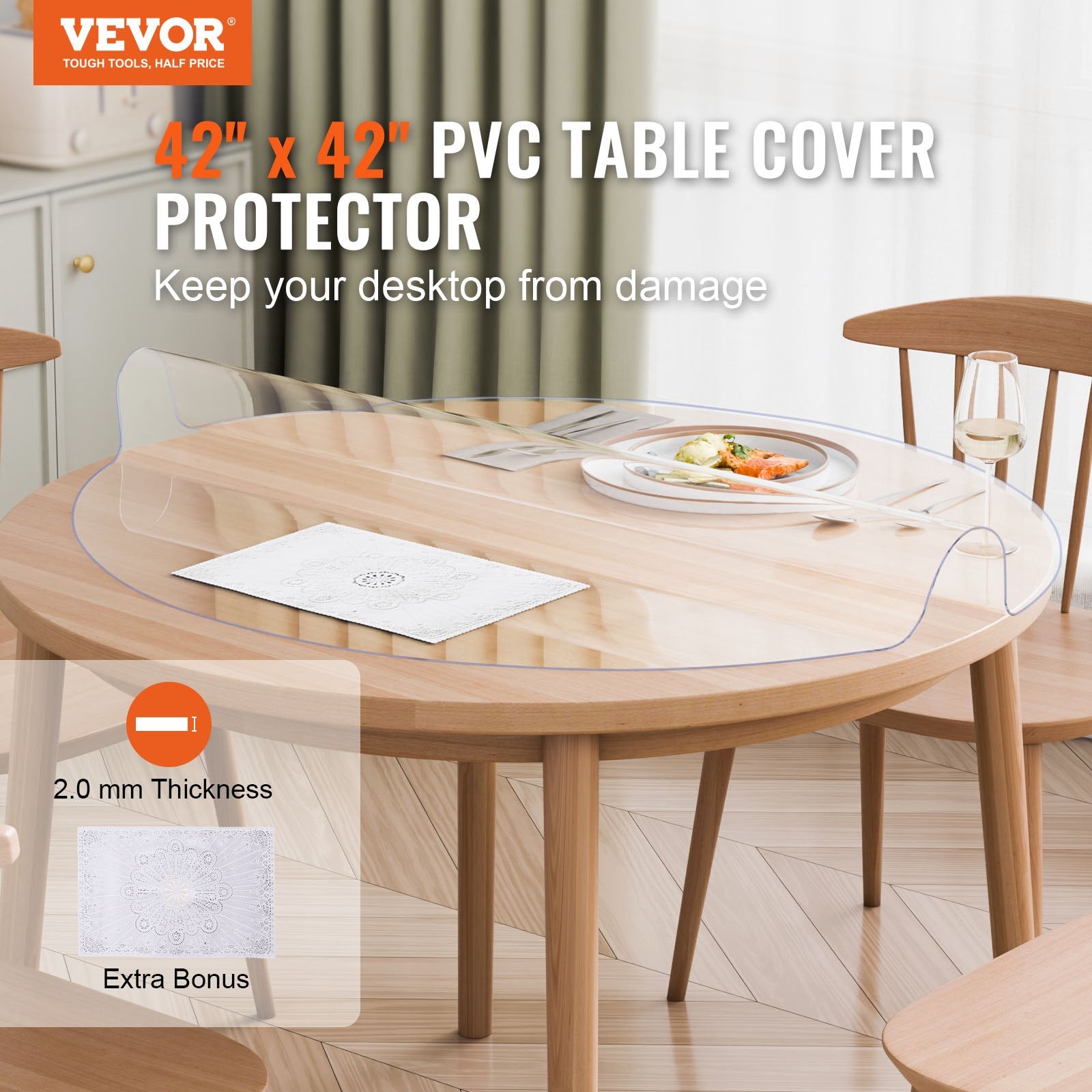 Plastic Table Cover 42x42 in 2mm Clear PVC Round Waterproof Desk Protector