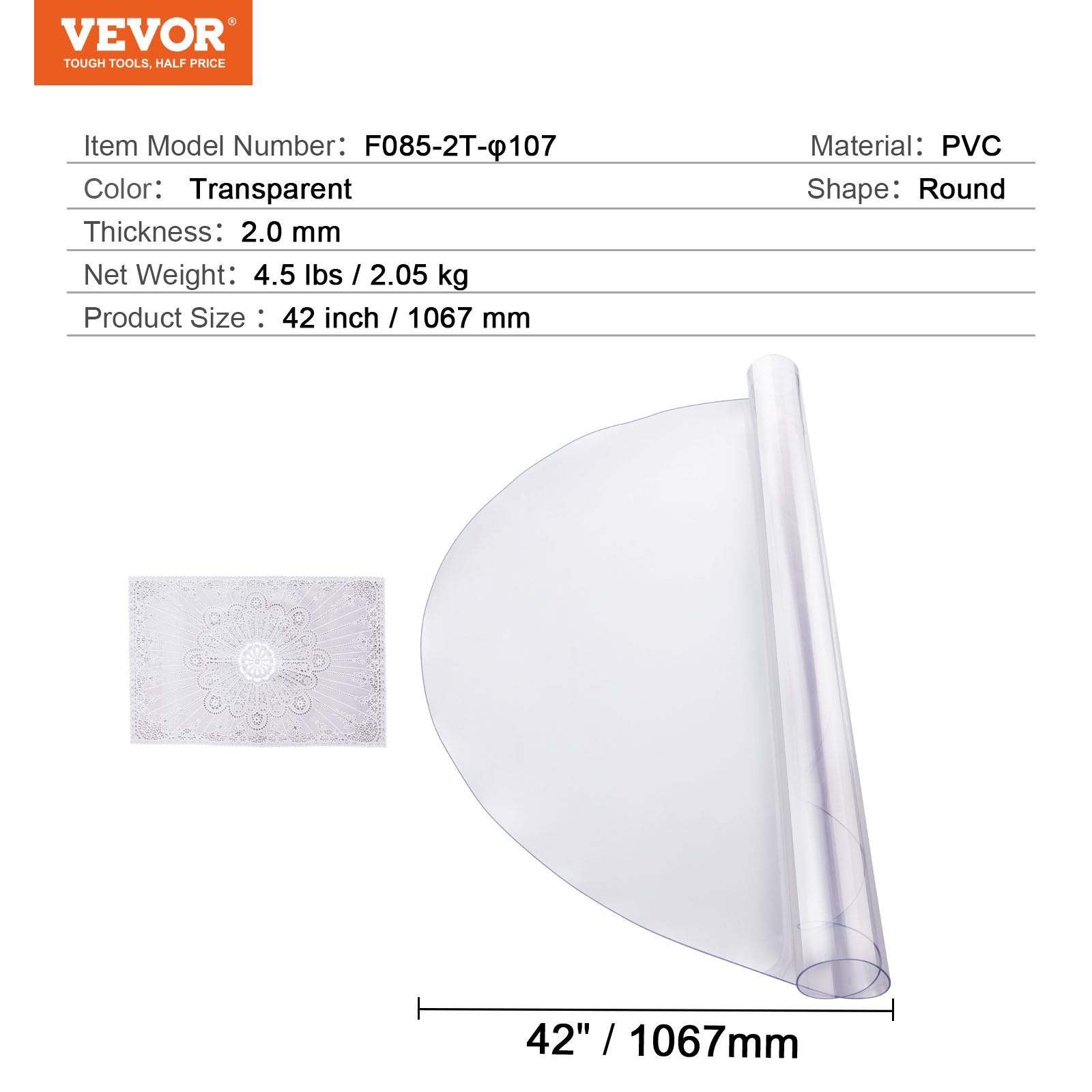 Plastic Table Cover 42x42 in 2mm Clear PVC Round Waterproof Desk Protector