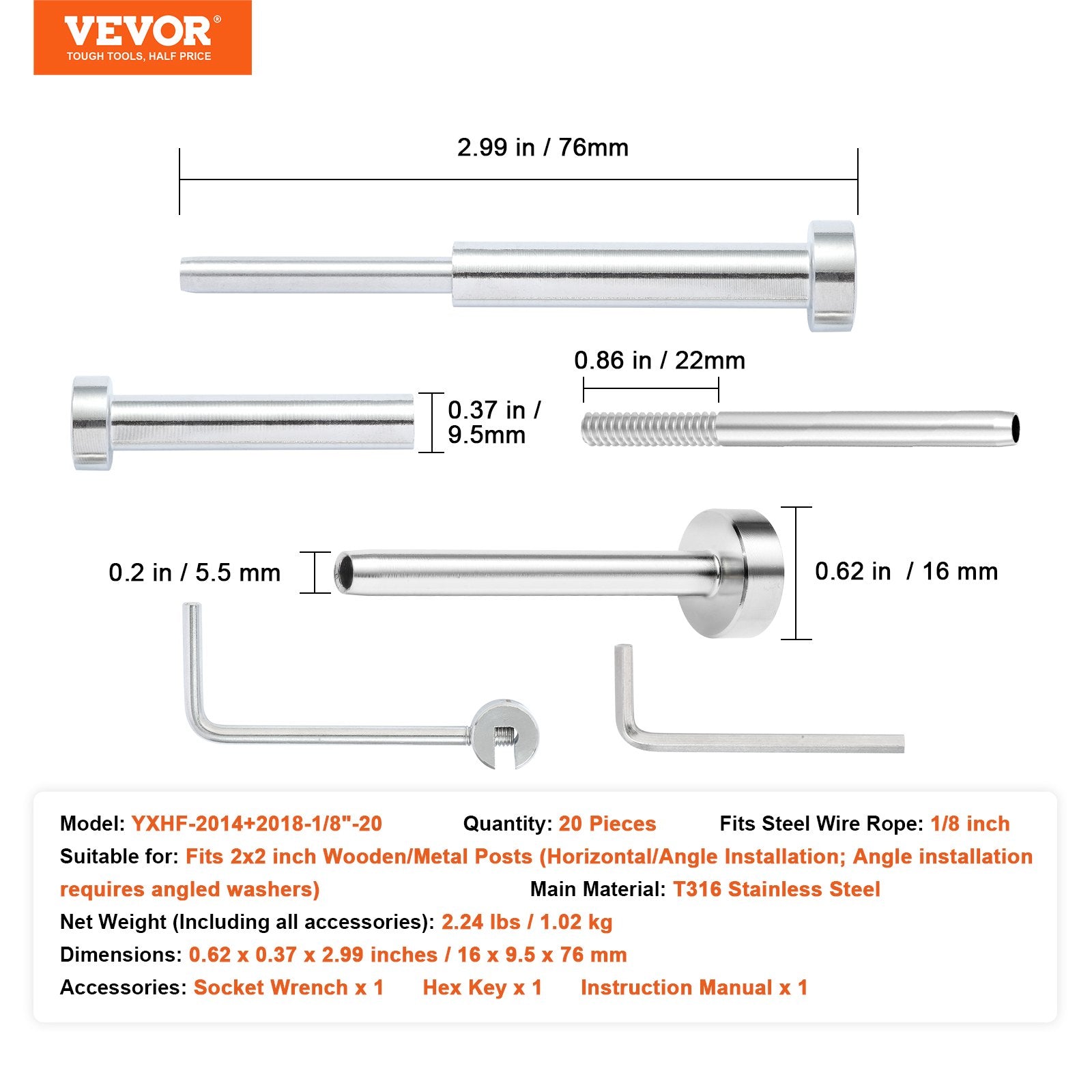 20-Pack 3.2mm T316 Stainless Steel Invisible Cable Railing Kit with Swage Ends