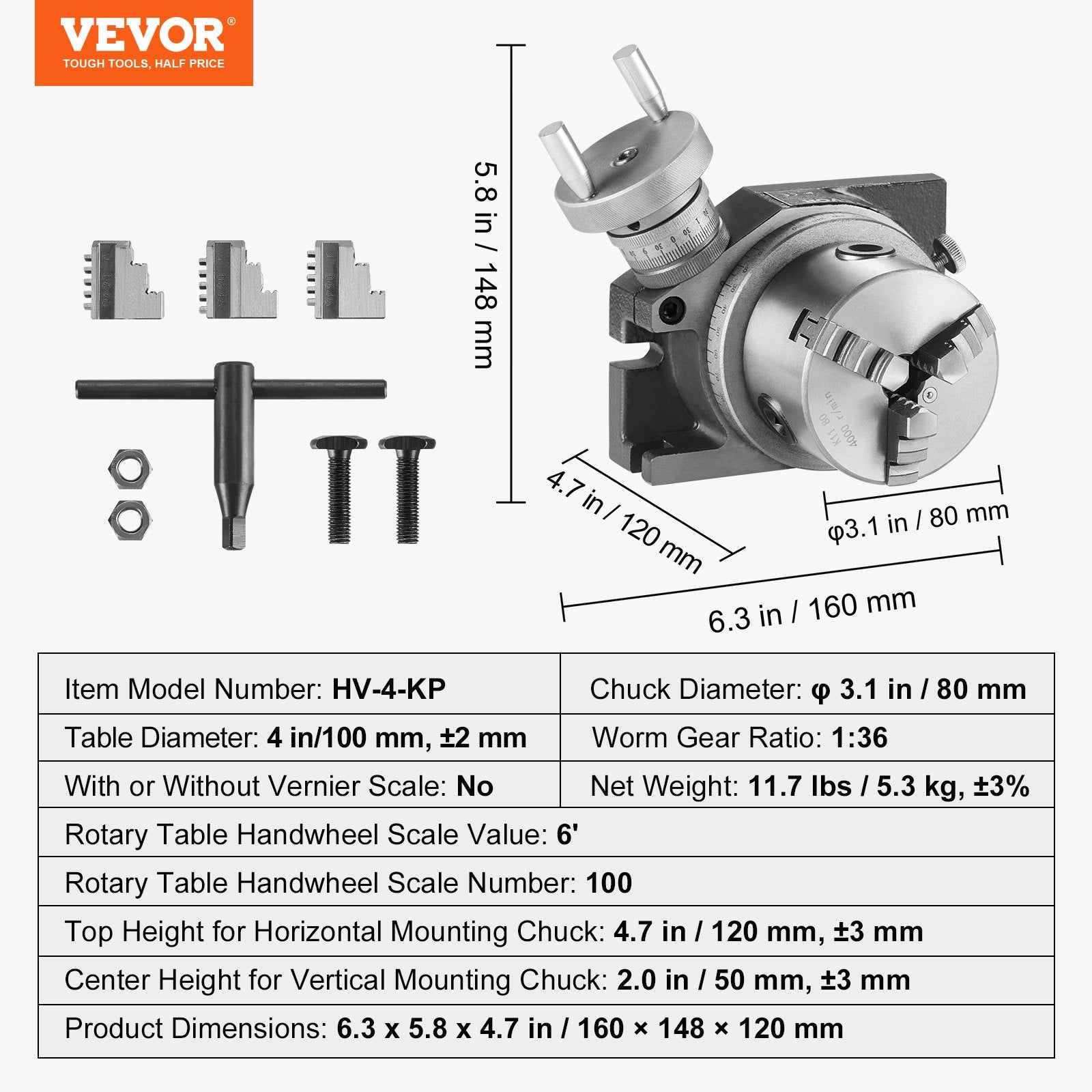 4 in Rotary Table Milling Machine with 3-Jaw Chuck Precision Indexing Tool Kit