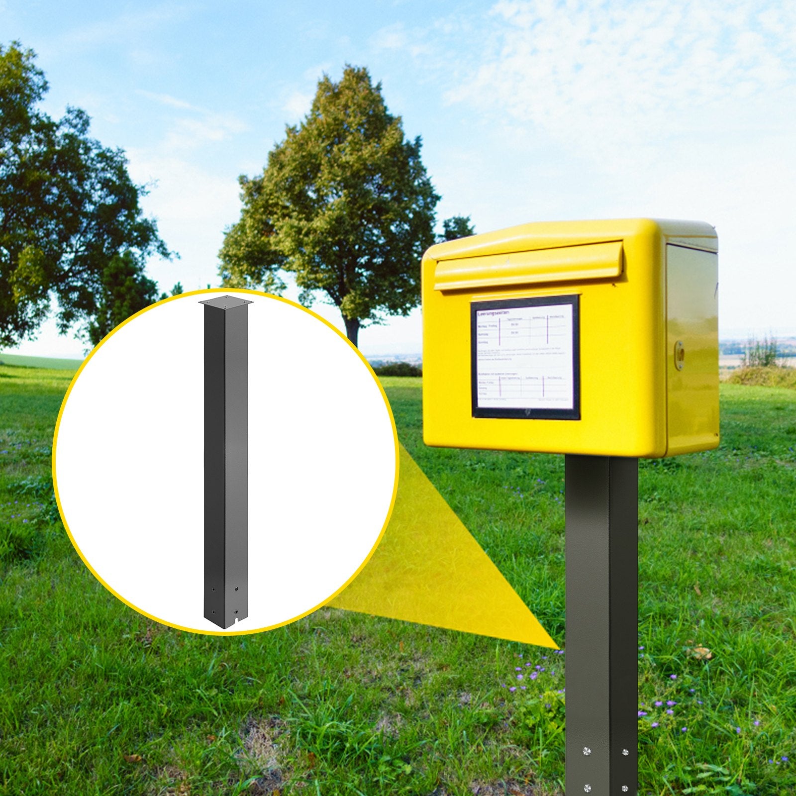 Mailbox Post 43in Black Powder-Coated Steel Stand Surface Mount Outdoor