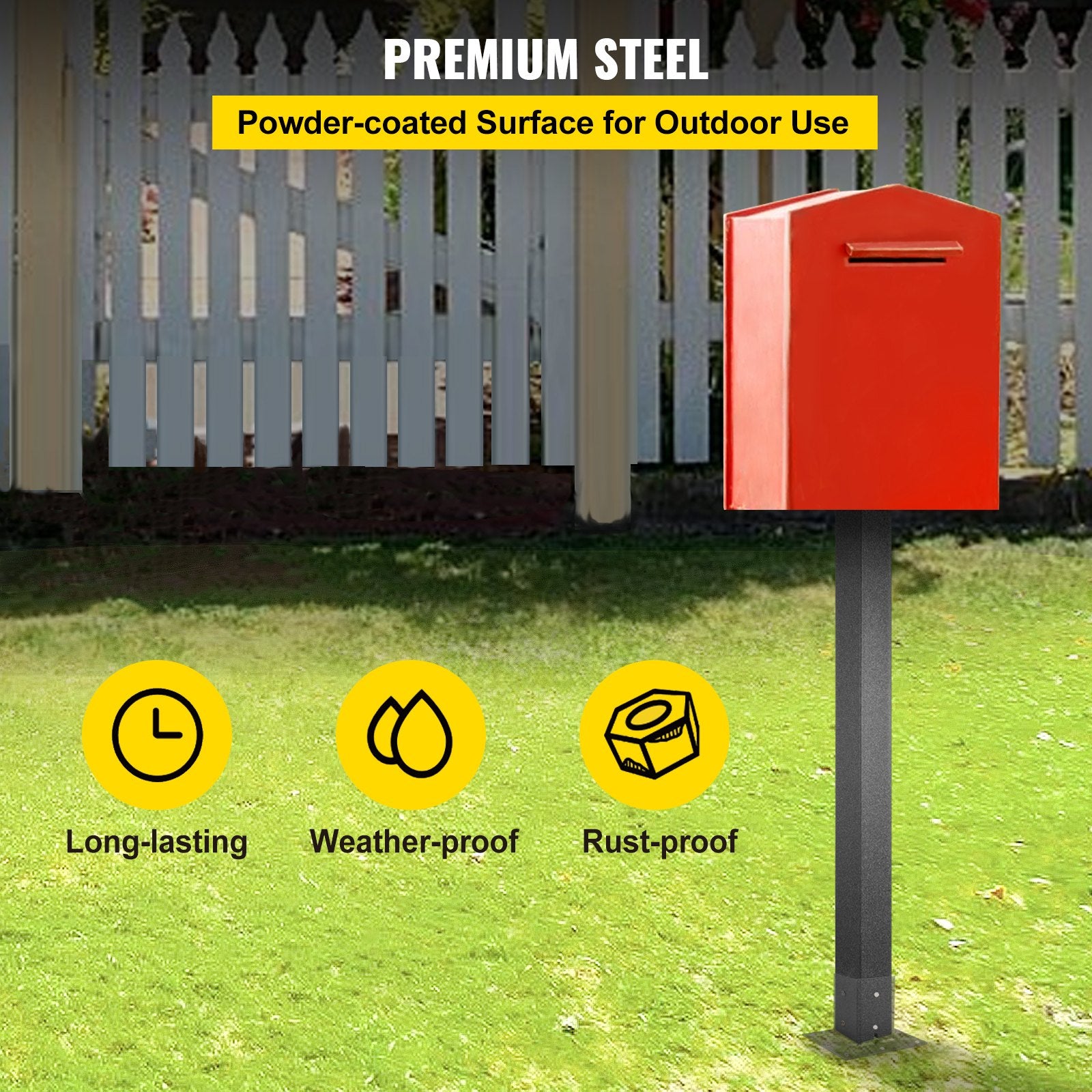 Mailbox Post 43in Black Powder-Coated Steel Stand Surface Mount Outdoor