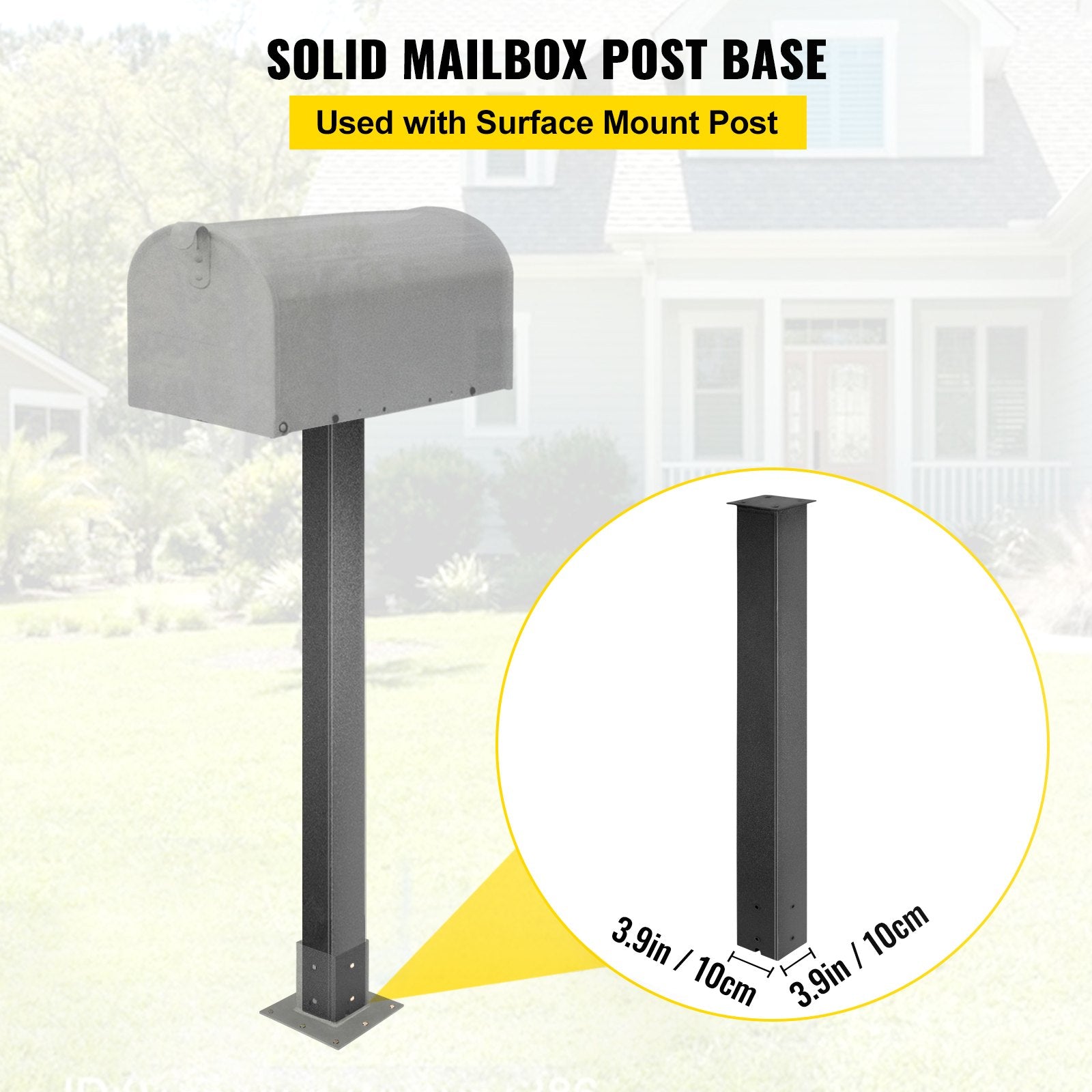 Mailbox Post 43in Black Powder-Coated Steel Stand Surface Mount Outdoor