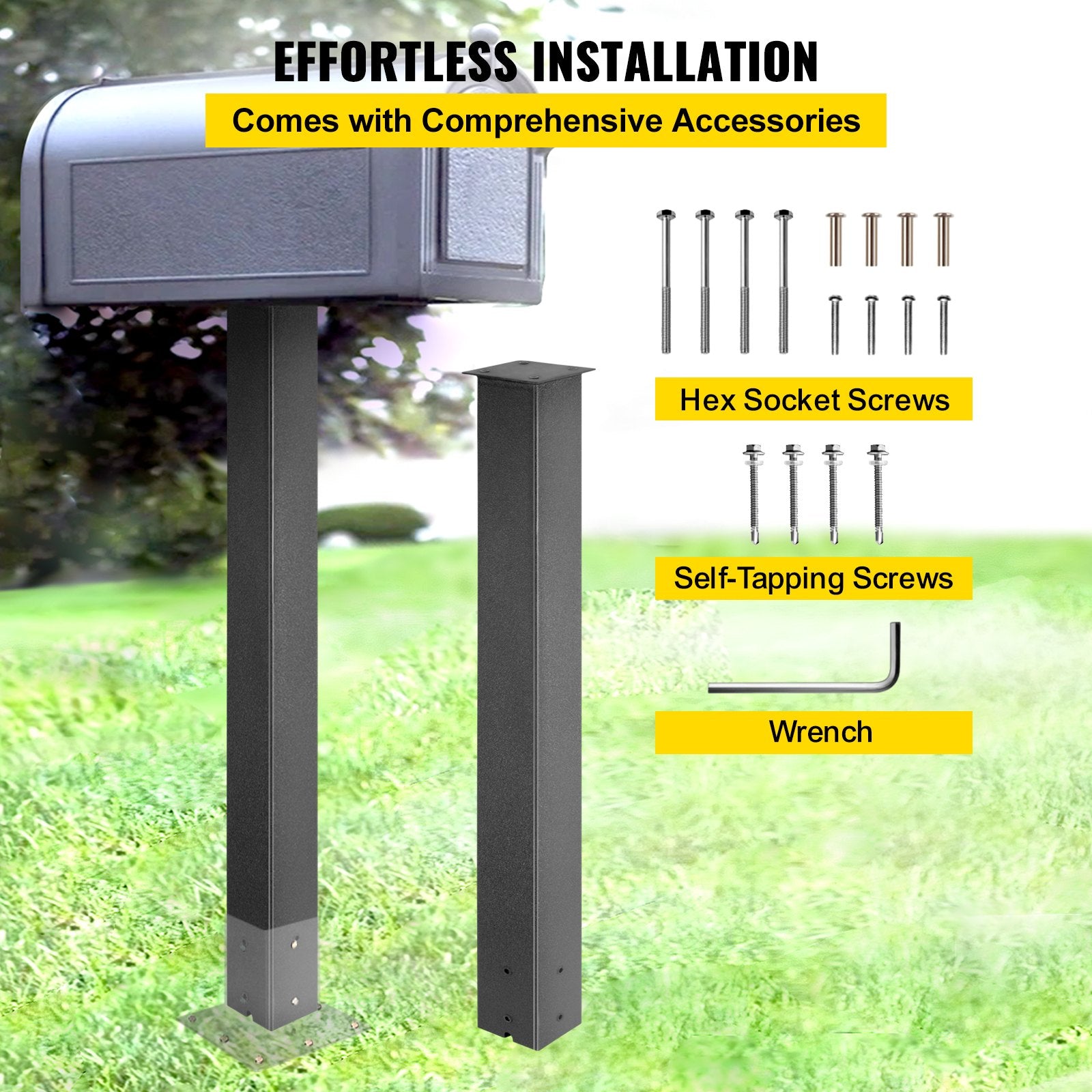 Mailbox Post 43in Black Powder-Coated Steel Stand Surface Mount Outdoor