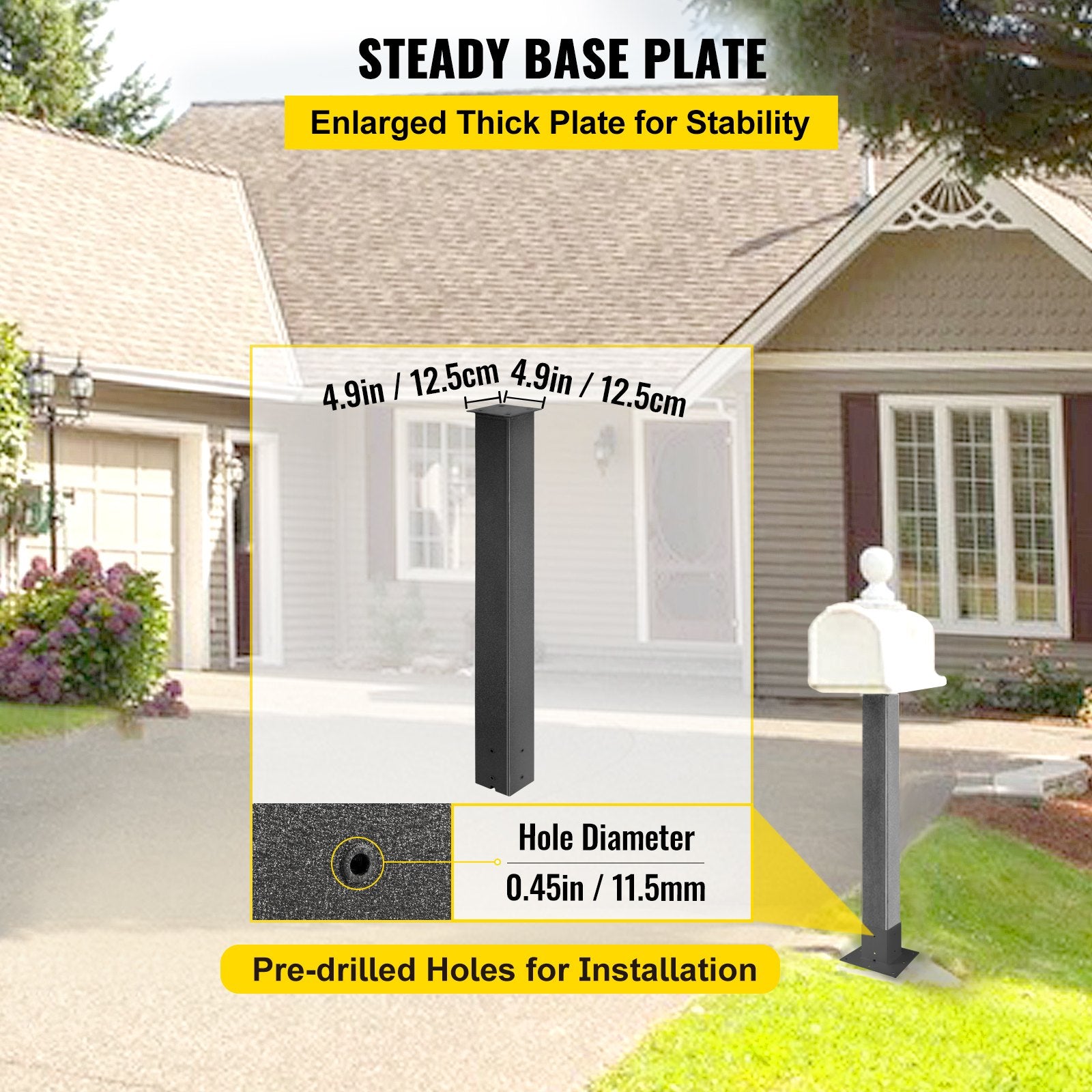 Mailbox Post 43in Black Powder-Coated Steel Stand Surface Mount Outdoor