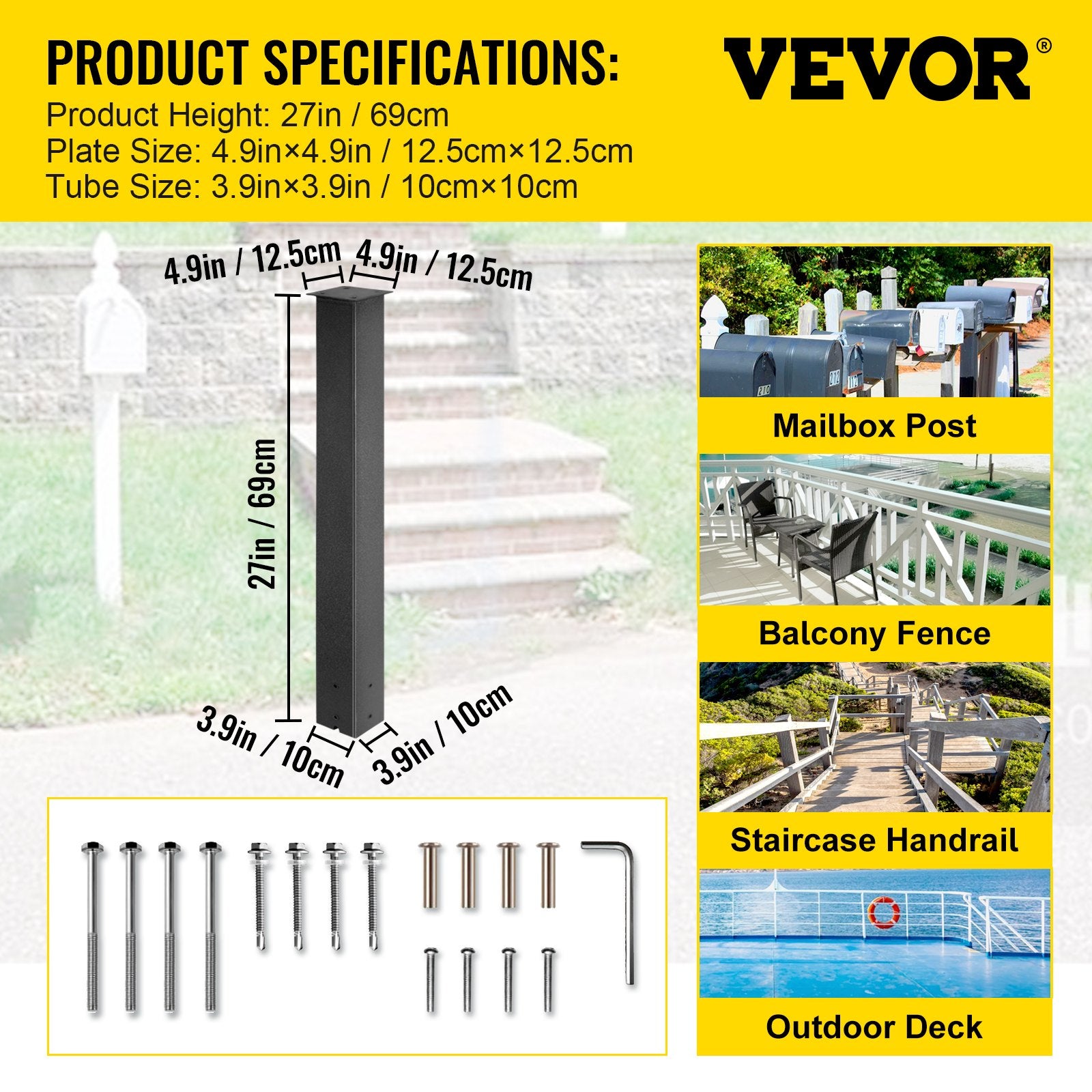 Mailbox Post 43in Black Powder-Coated Steel Stand Surface Mount Outdoor