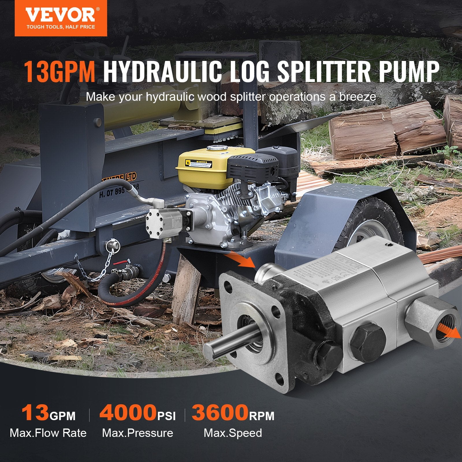 13 GPM 2 Stage Hydraulic Log Splitter Pump Kit 4000 PSI Aluminum Gear Pump