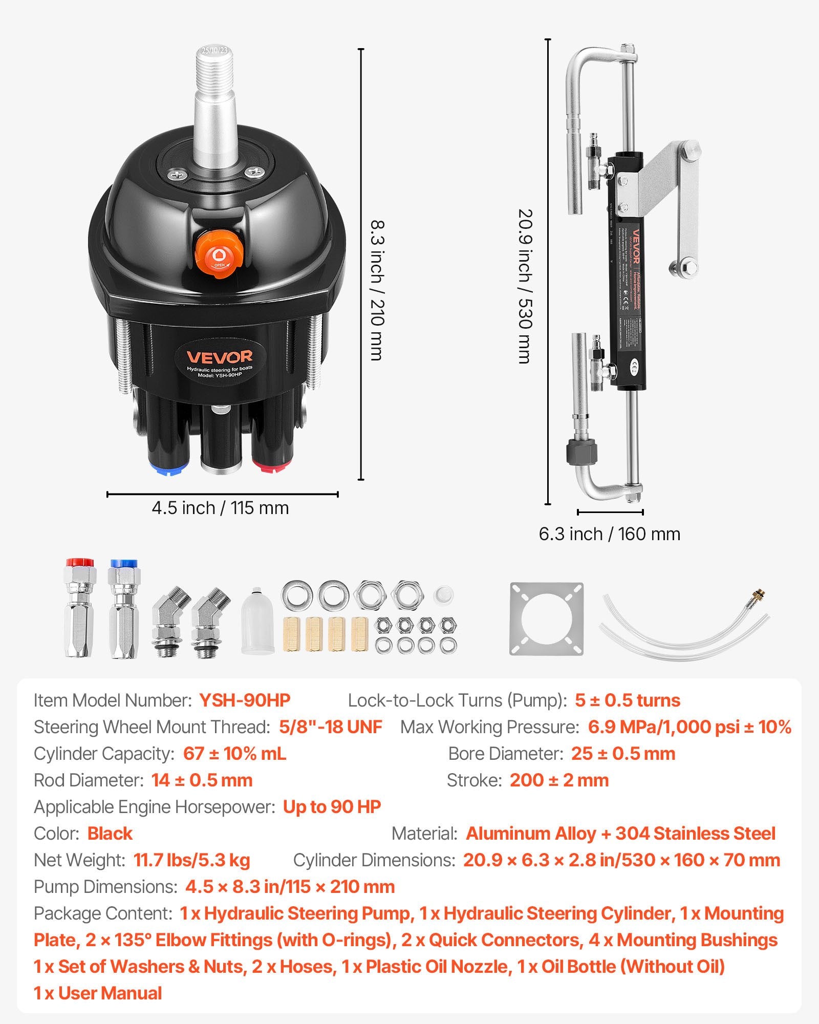 Hydraulic Steering Kit 90 HP with Helm Pump Cylinder for Fishing & Sailboats