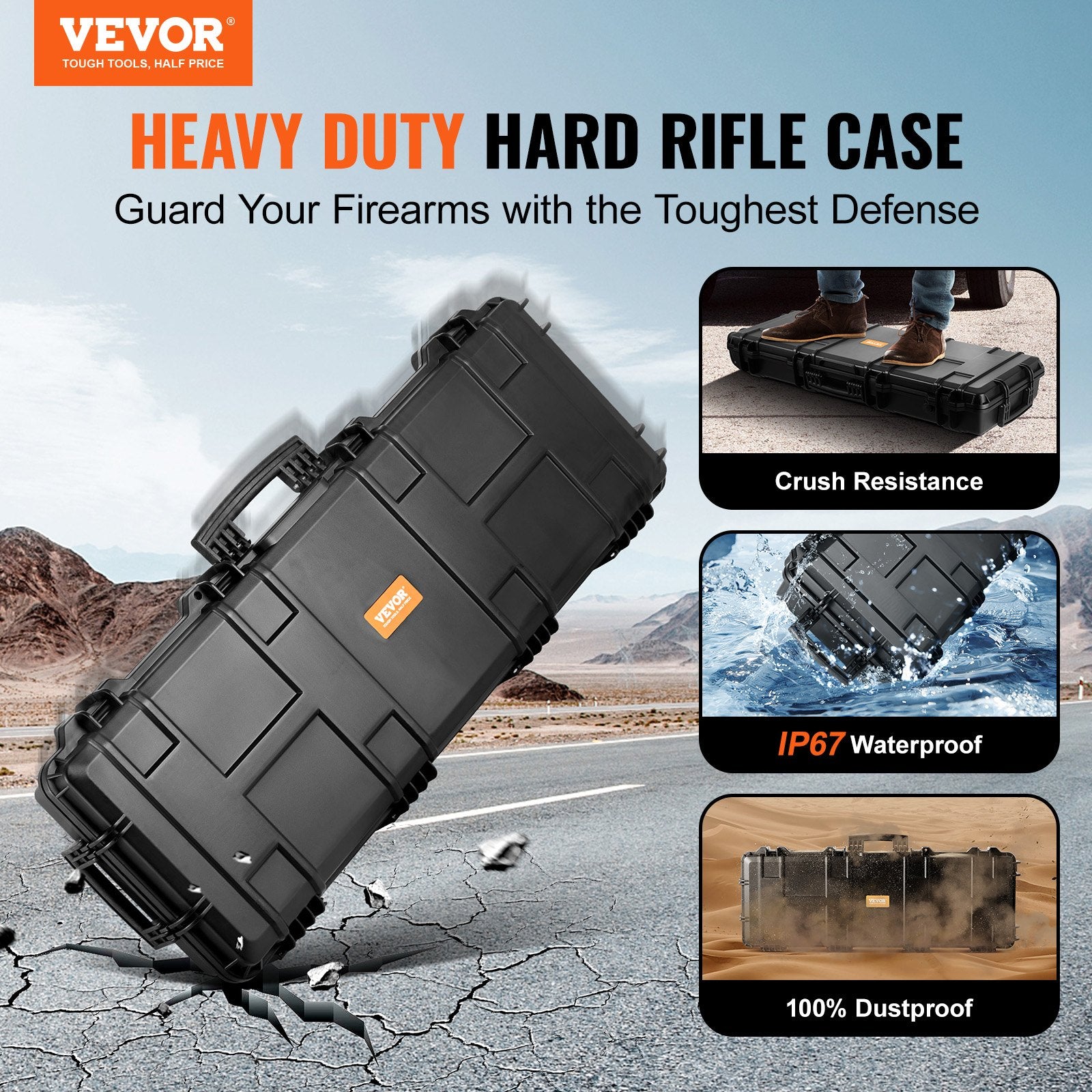 42" Rifle Hard Case with Wheels, Lockable IP67 Waterproof for 2 Guns