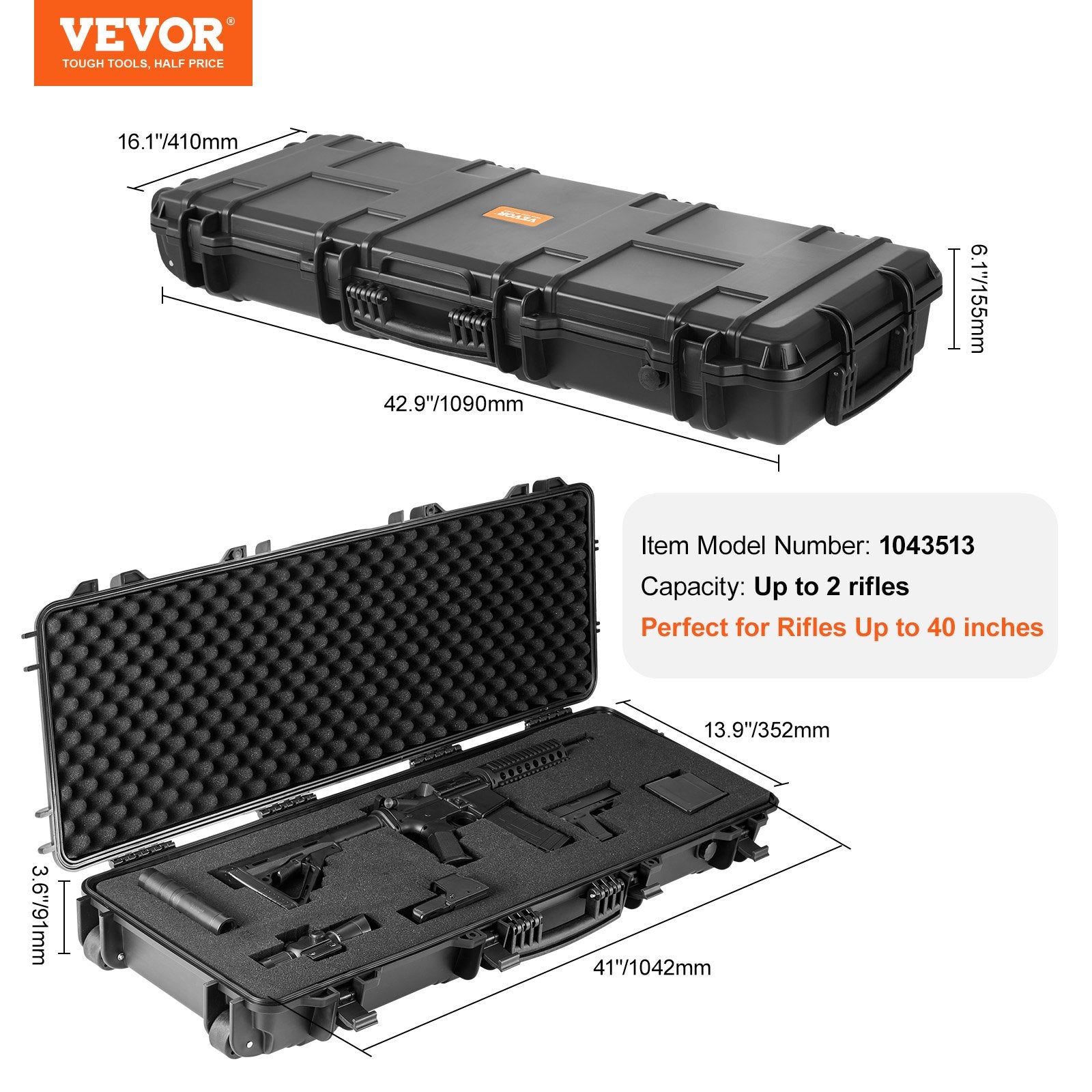 42" Rifle Hard Case with Wheels, Lockable IP67 Waterproof for 2 Guns
