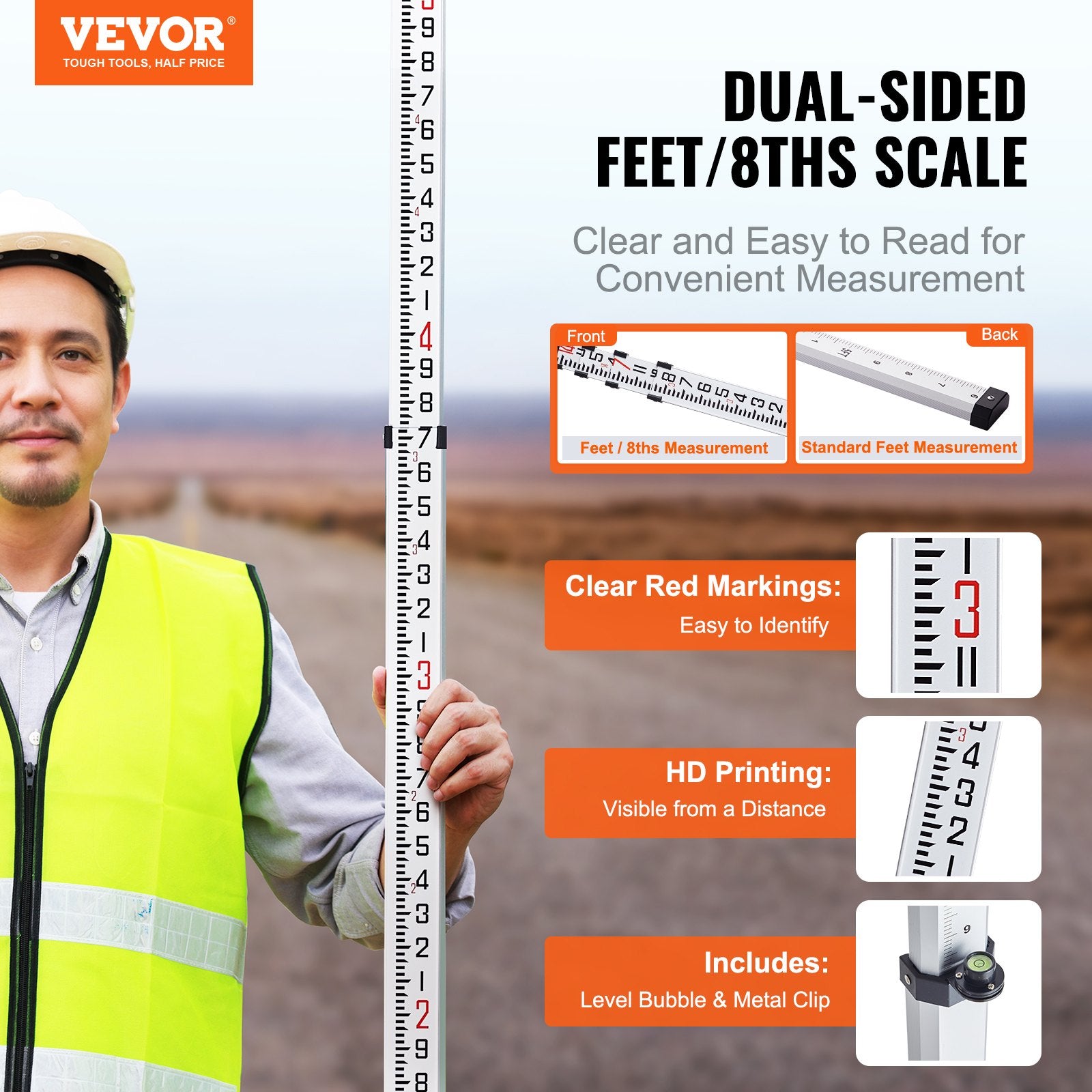 Grade Rod Aluminum 14-Feet 4-Section Telescopic Double-Sided Survey with Level