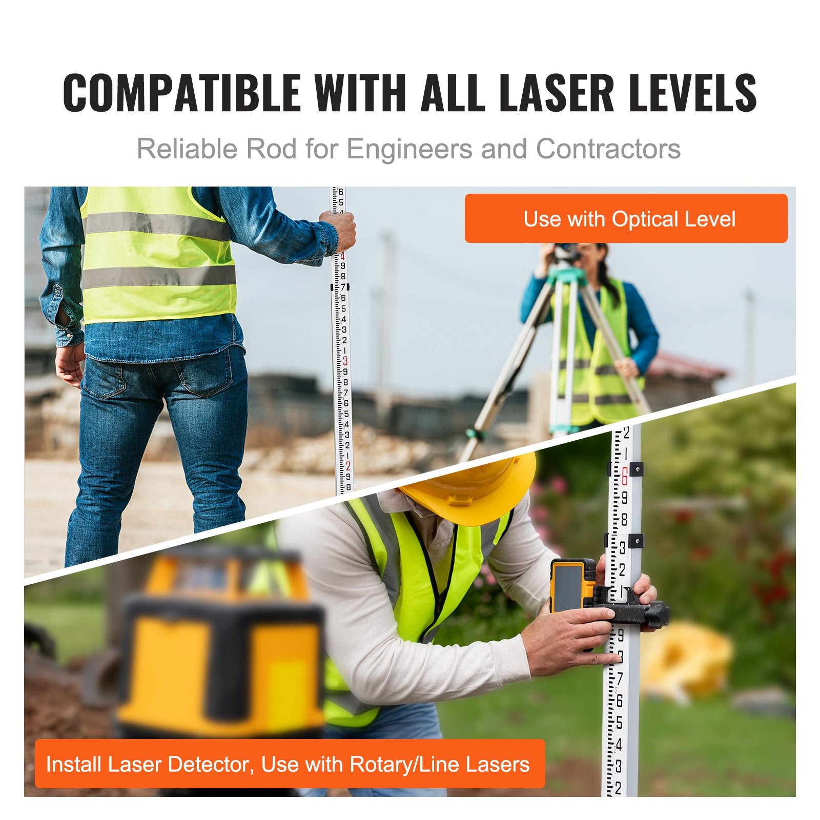 Grade Rod Aluminum 14-Feet 4-Section Telescopic Double-Sided Survey with Level