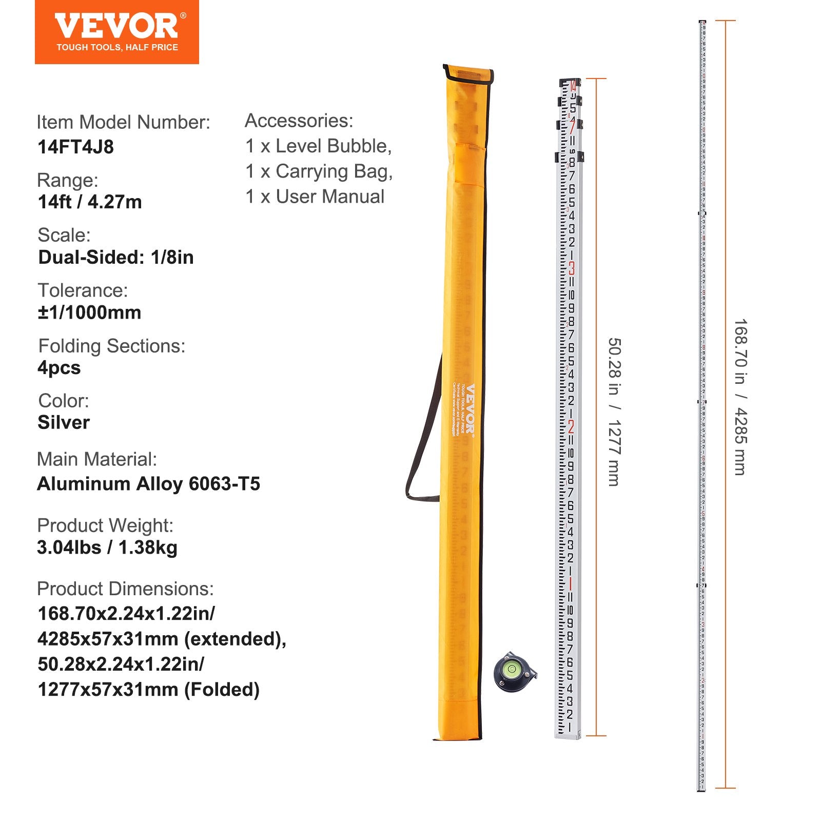 Grade Rod Aluminum 14-Feet 4-Section Telescopic Double-Sided Survey with Level