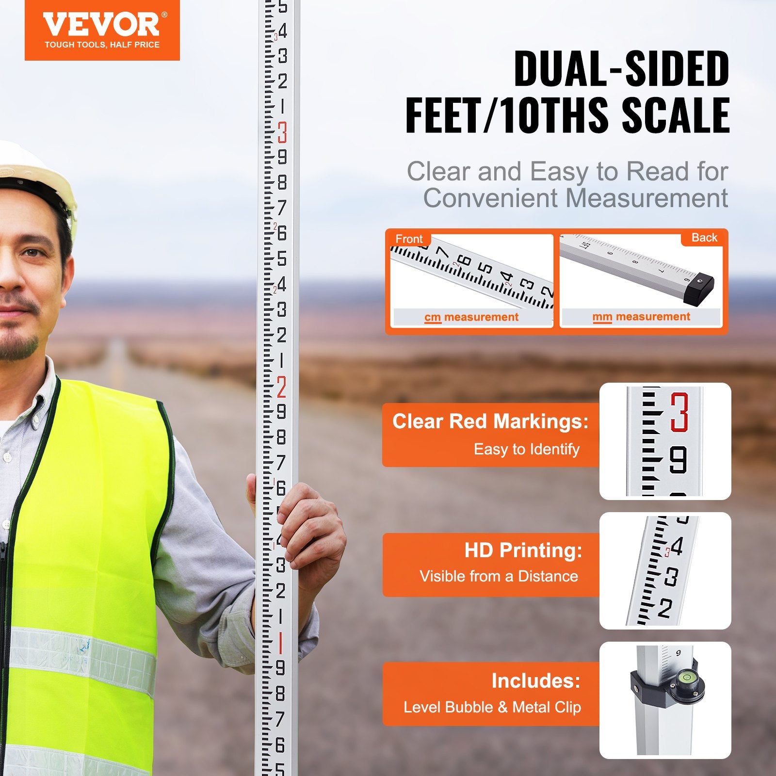 Grade Rod Aluminum 16-Feet 4-Section Telescopic Double-Sided Survey with Level