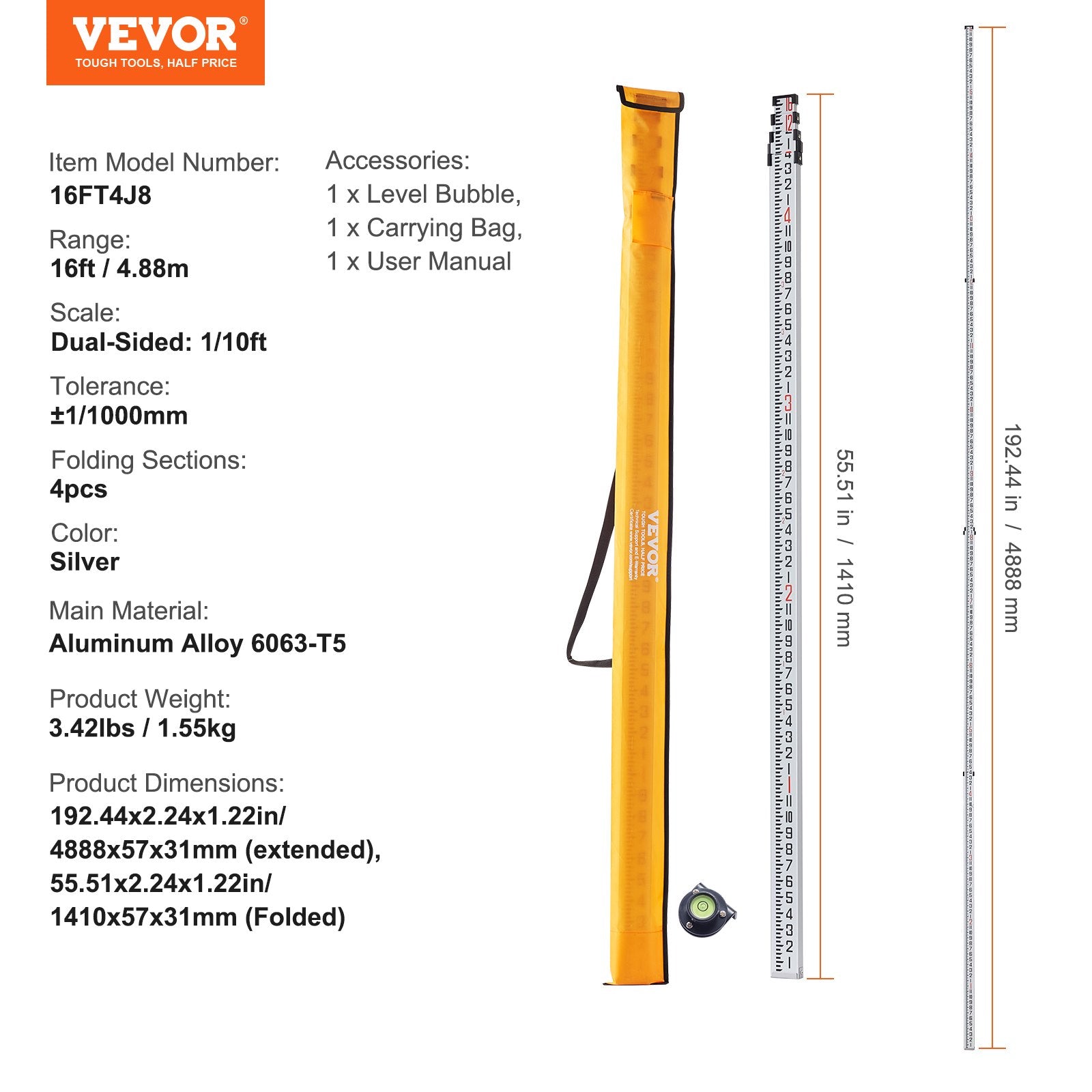Aluminum Grade Rod 16ft 4-Section Telescopic Measuring Double-Sided Bubble