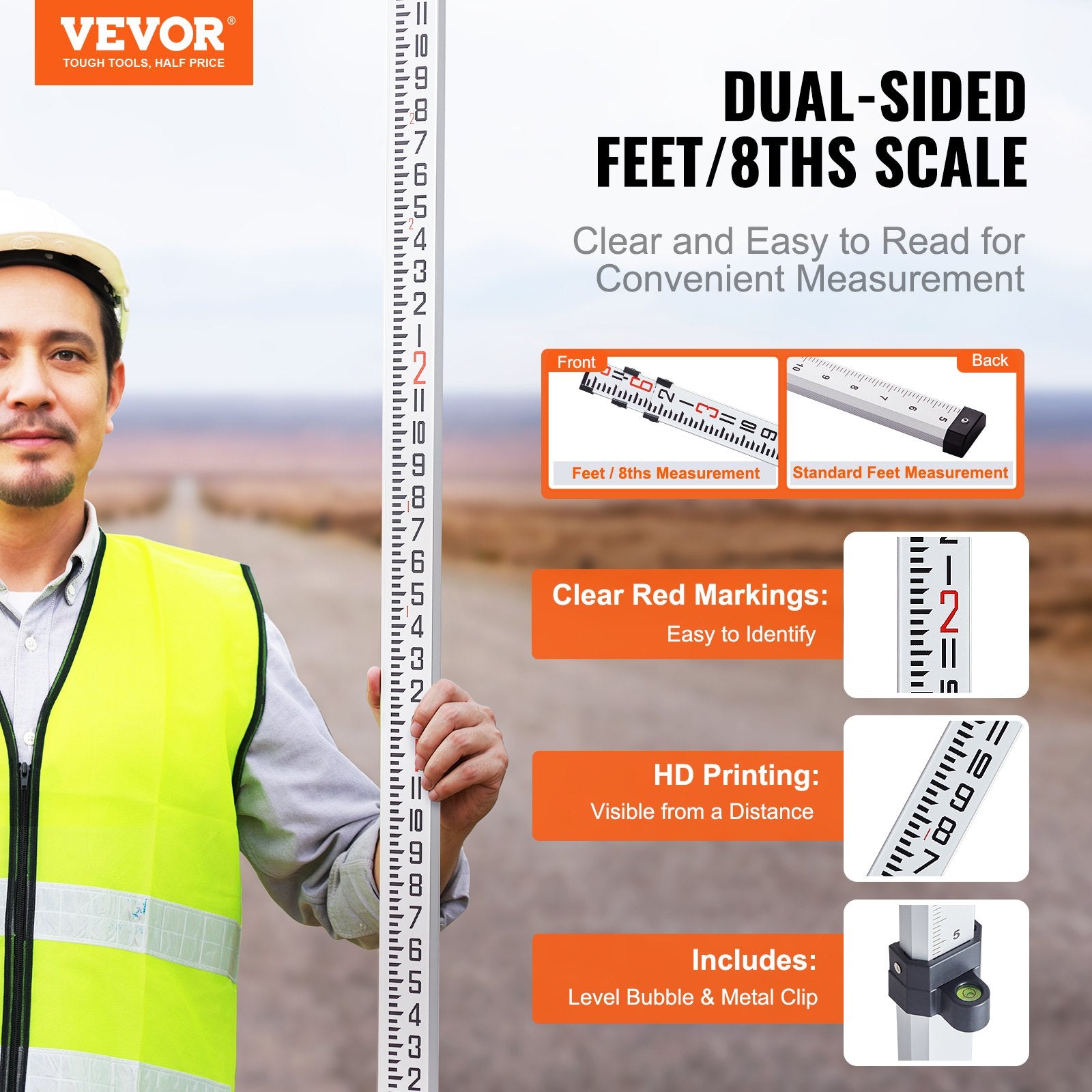 Aluminum Grade Rod 9Feet 3-Section Telescopic Double-Sided Survey Rod with Level