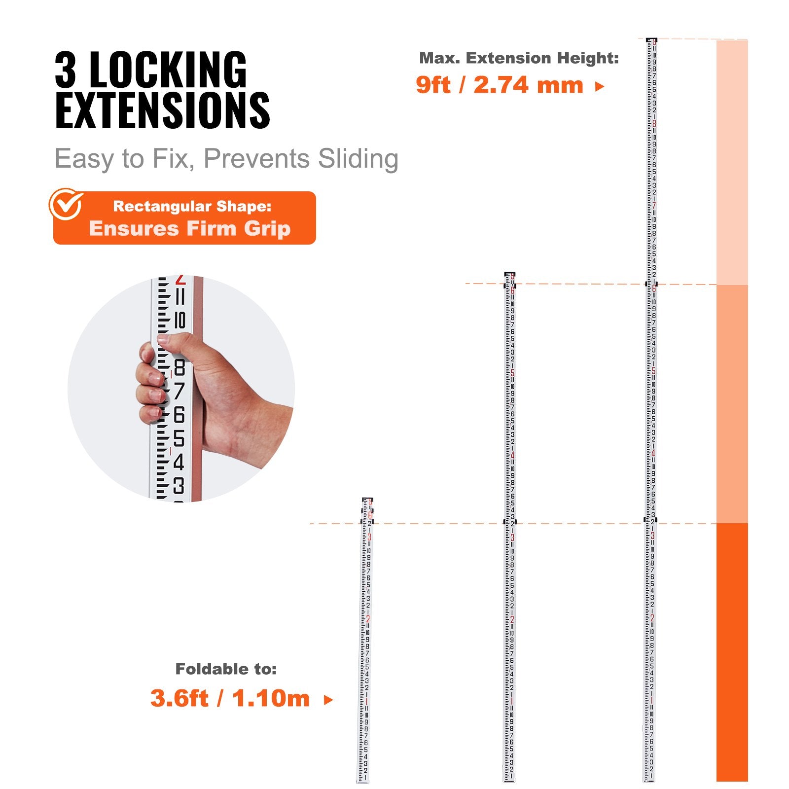 Aluminum Grade Rod 9Feet 3-Section Telescopic Double-Sided Survey Rod with Level