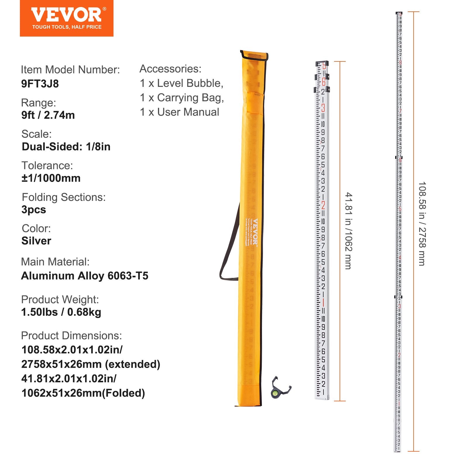 Aluminum Grade Rod 9Feet 3-Section Telescopic Double-Sided Survey Rod with Level