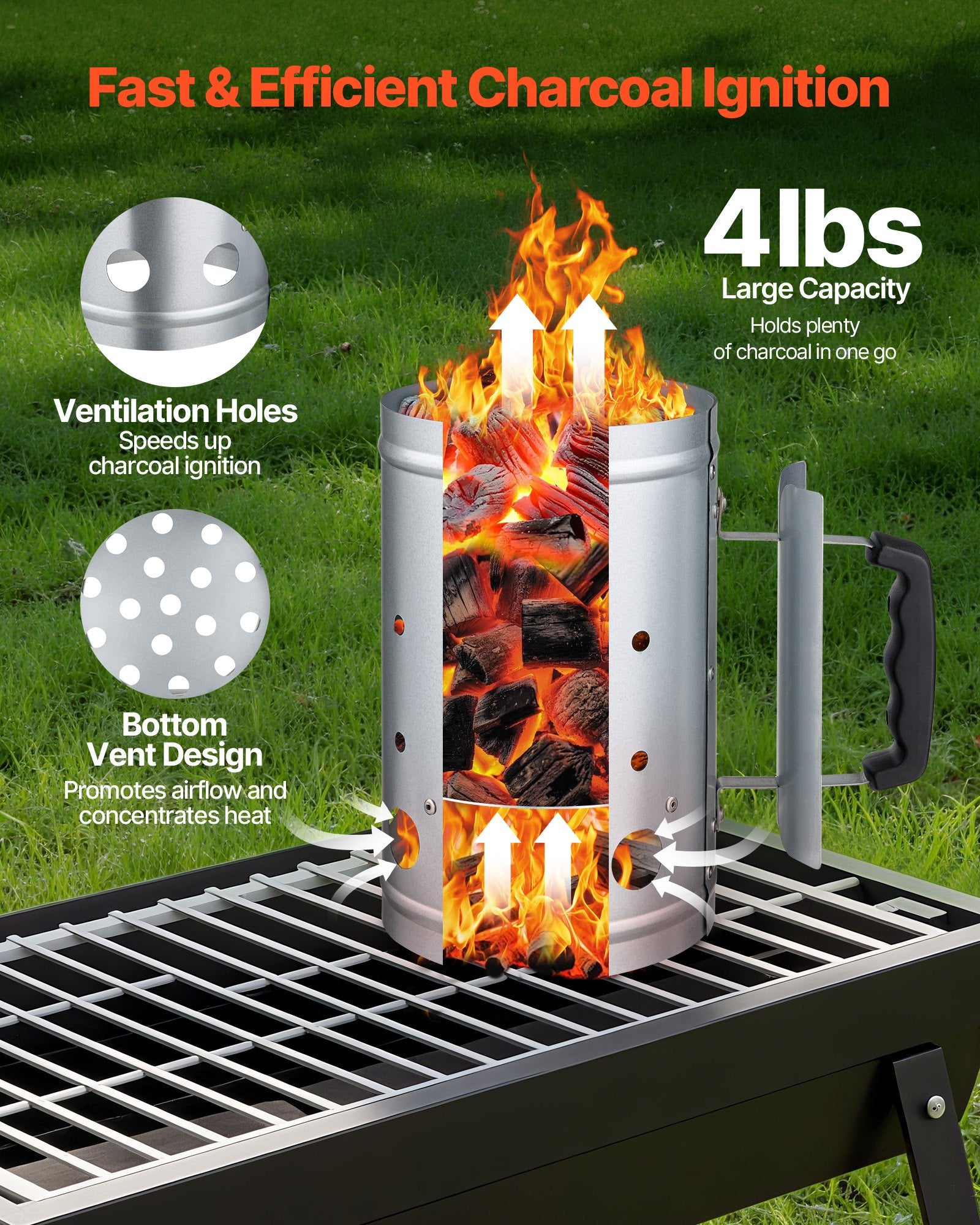 Charcoal Chimney Starter 1.8kg, Heavy Duty Steel BBQ Coal Lighter, Silver