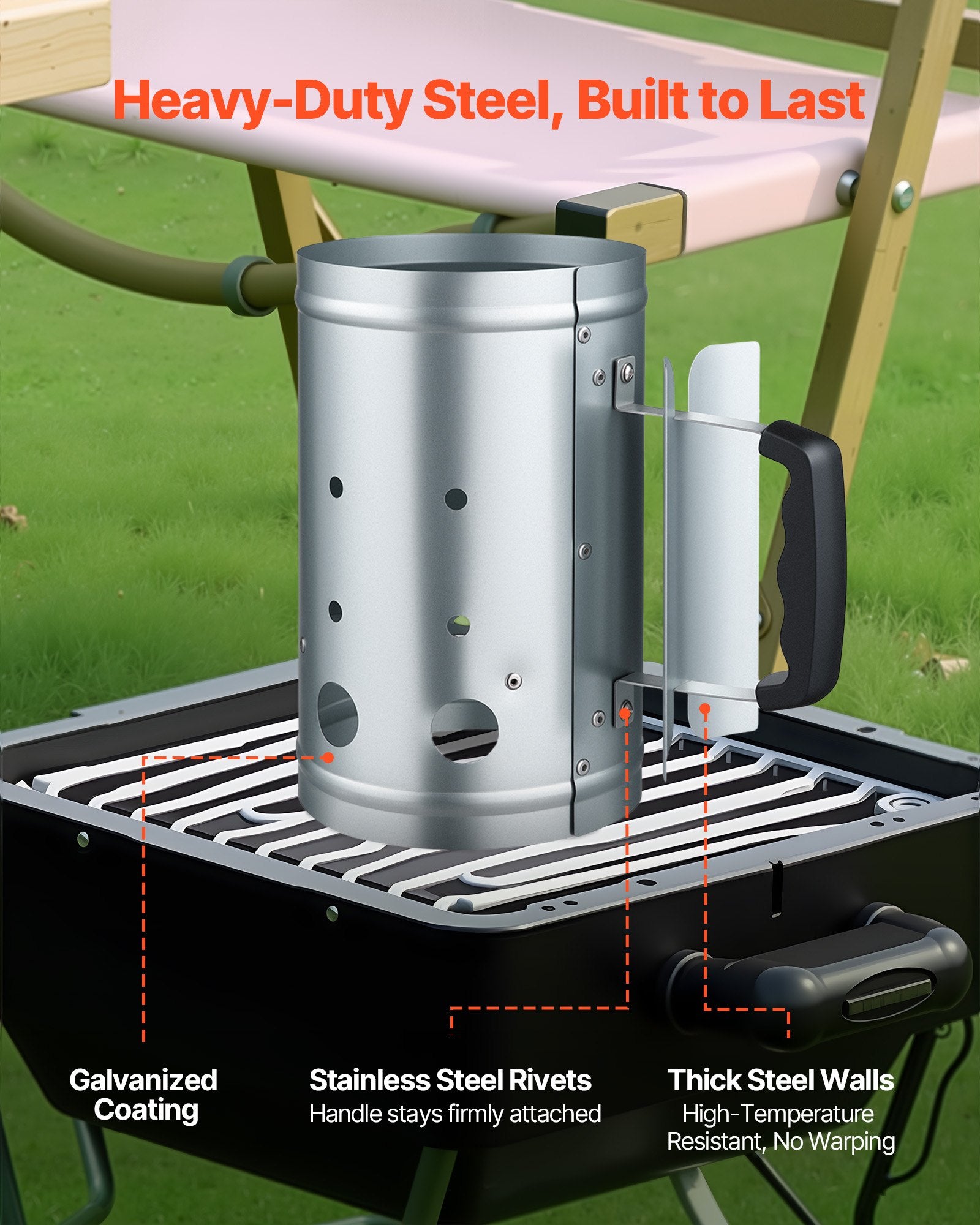 Charcoal Chimney Starter 1.8kg, Heavy Duty Steel BBQ Coal Lighter, Silver