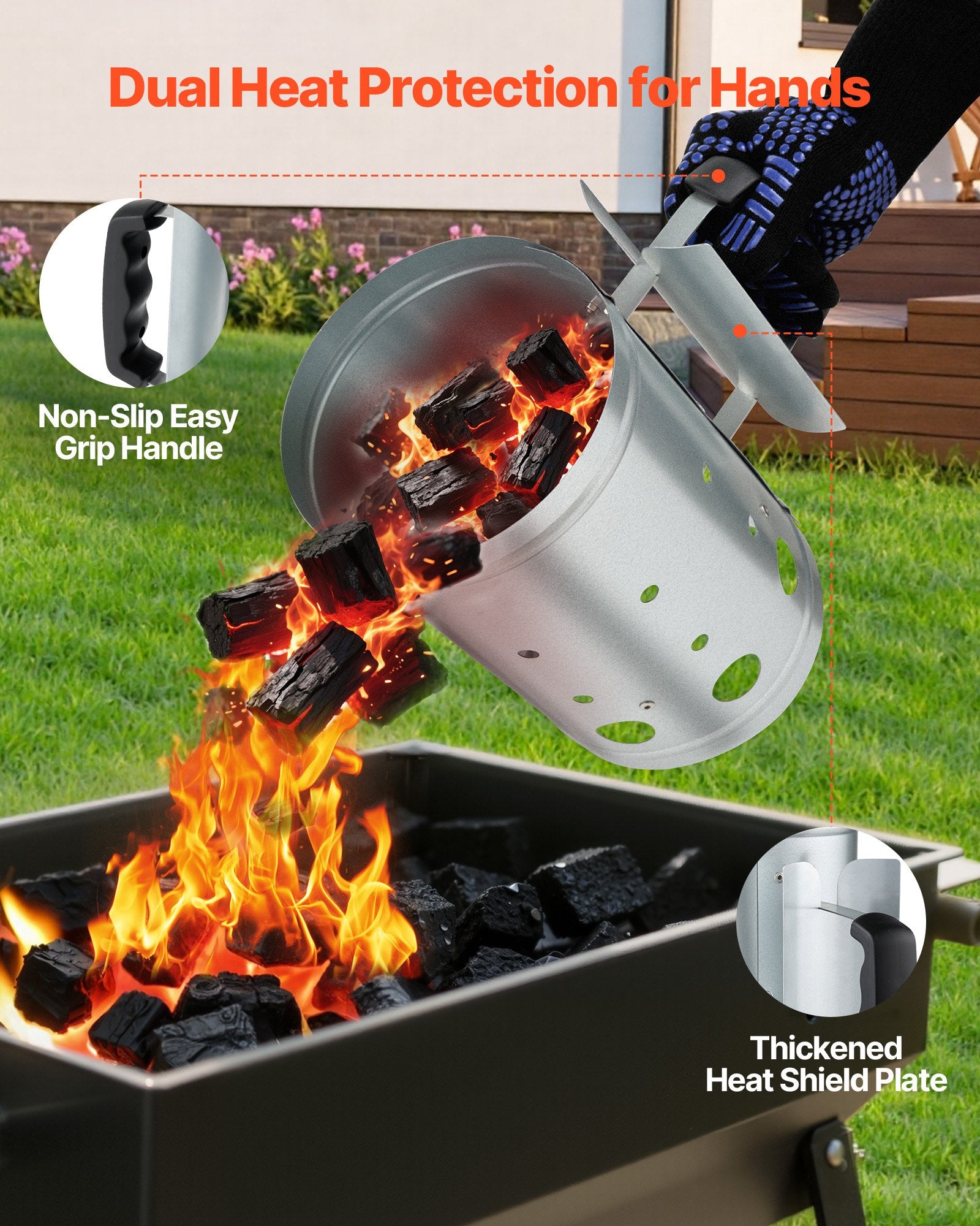 Charcoal Chimney Starter 1.8kg, Heavy Duty Steel BBQ Coal Lighter, Silver