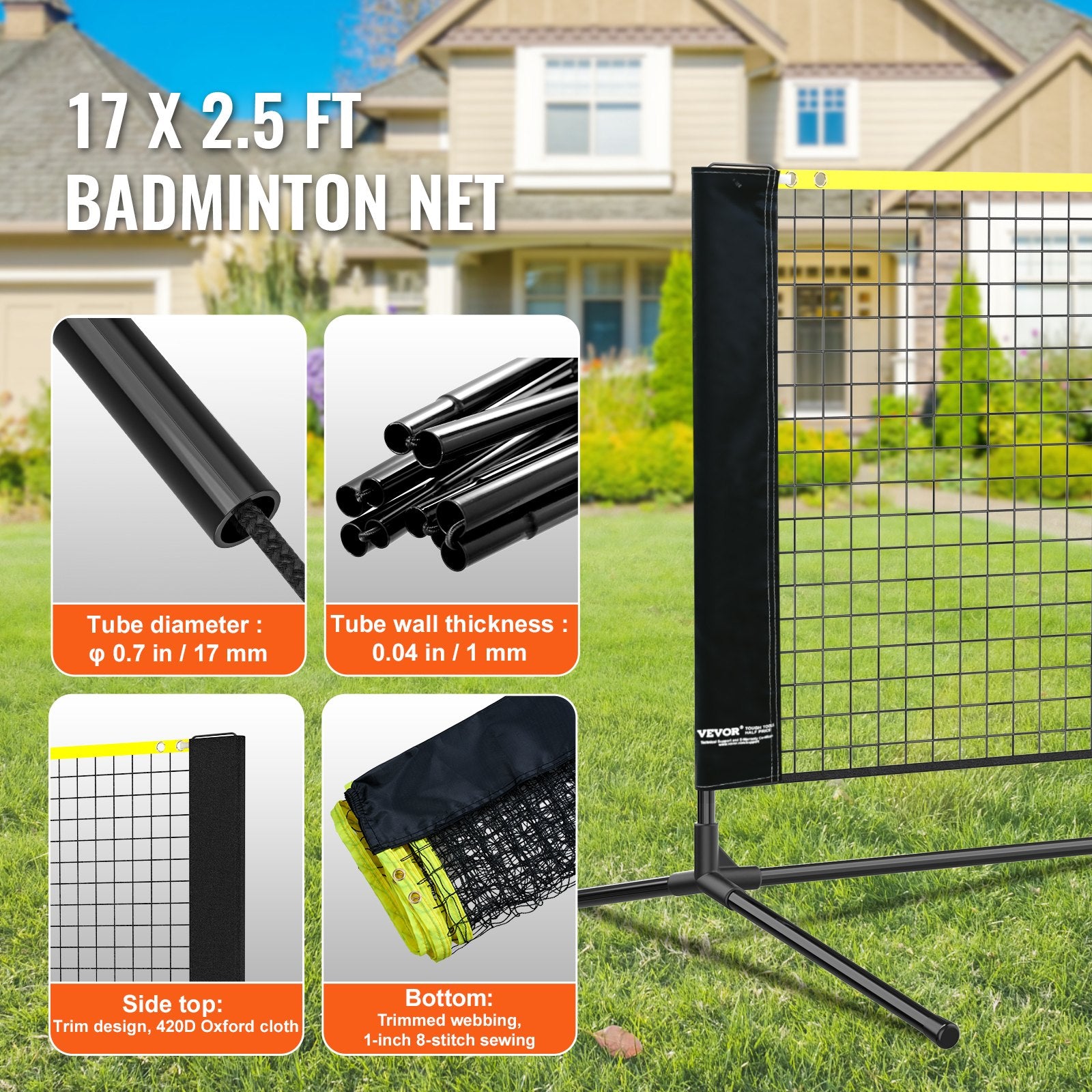 Badminton Net Height Adjustable Volleyball Net 17ft Portable Foldable Set