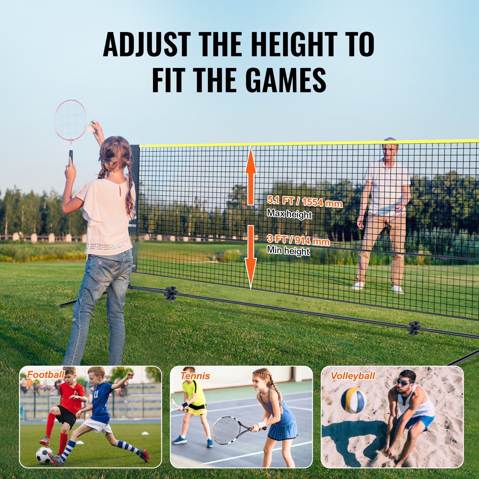 Badminton Net Height Adjustable Volleyball Net 17ft Portable Foldable Set