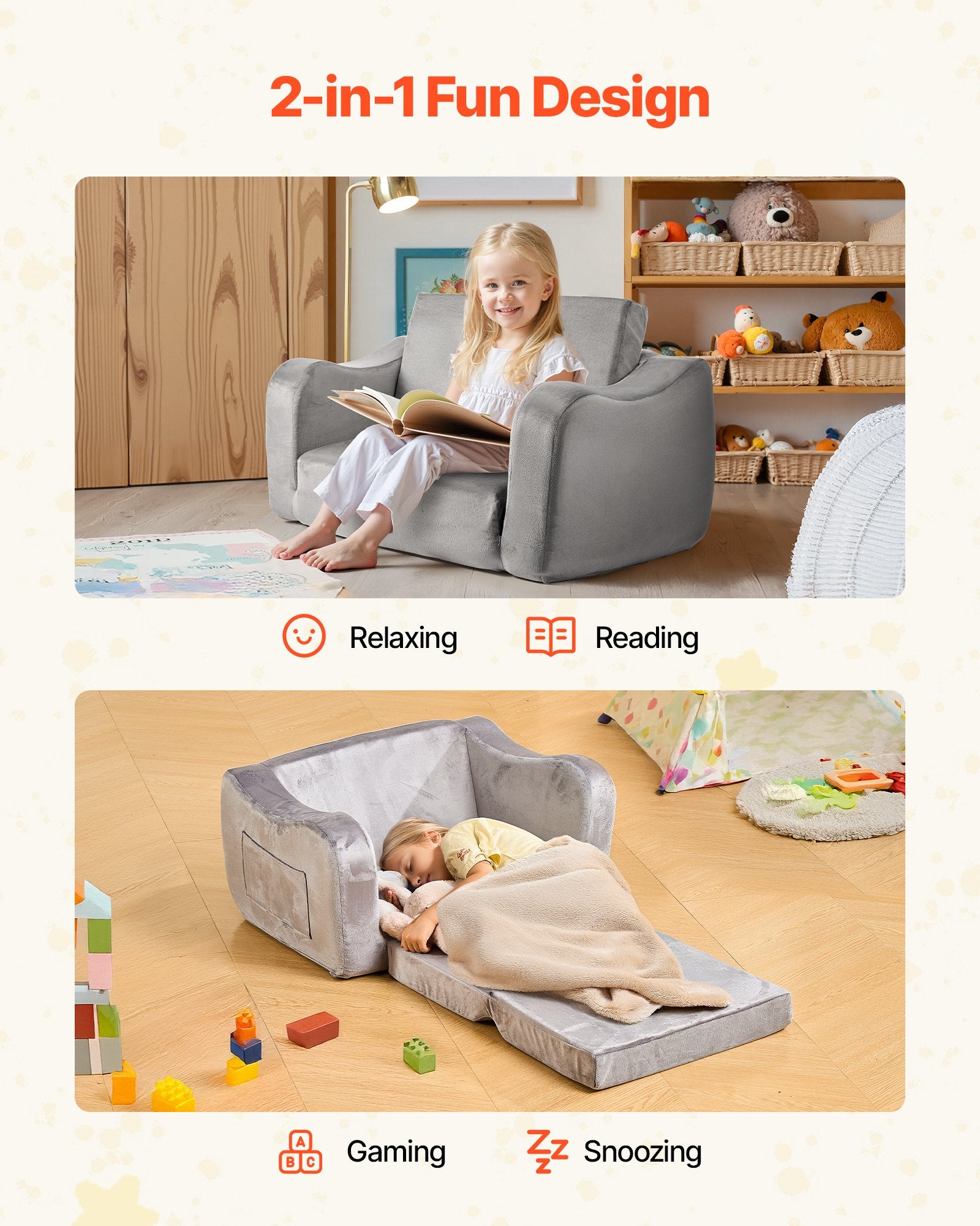 2-in-1 Kids Sofa Foldable Toddler Couch, Convertible Chair to Lounger Gray M