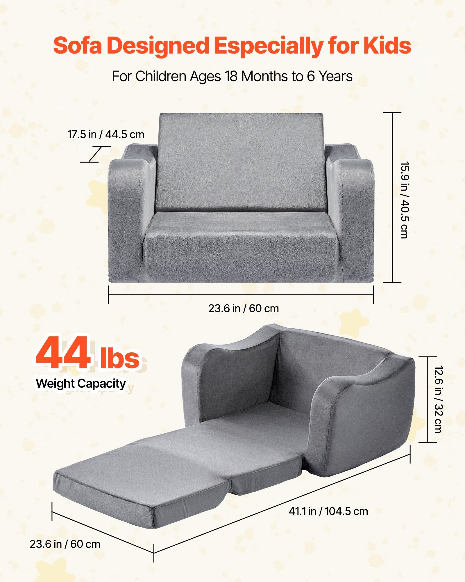 2-in-1 Kids Sofa Foldable Toddler Couch, Convertible Chair to Lounger Gray M