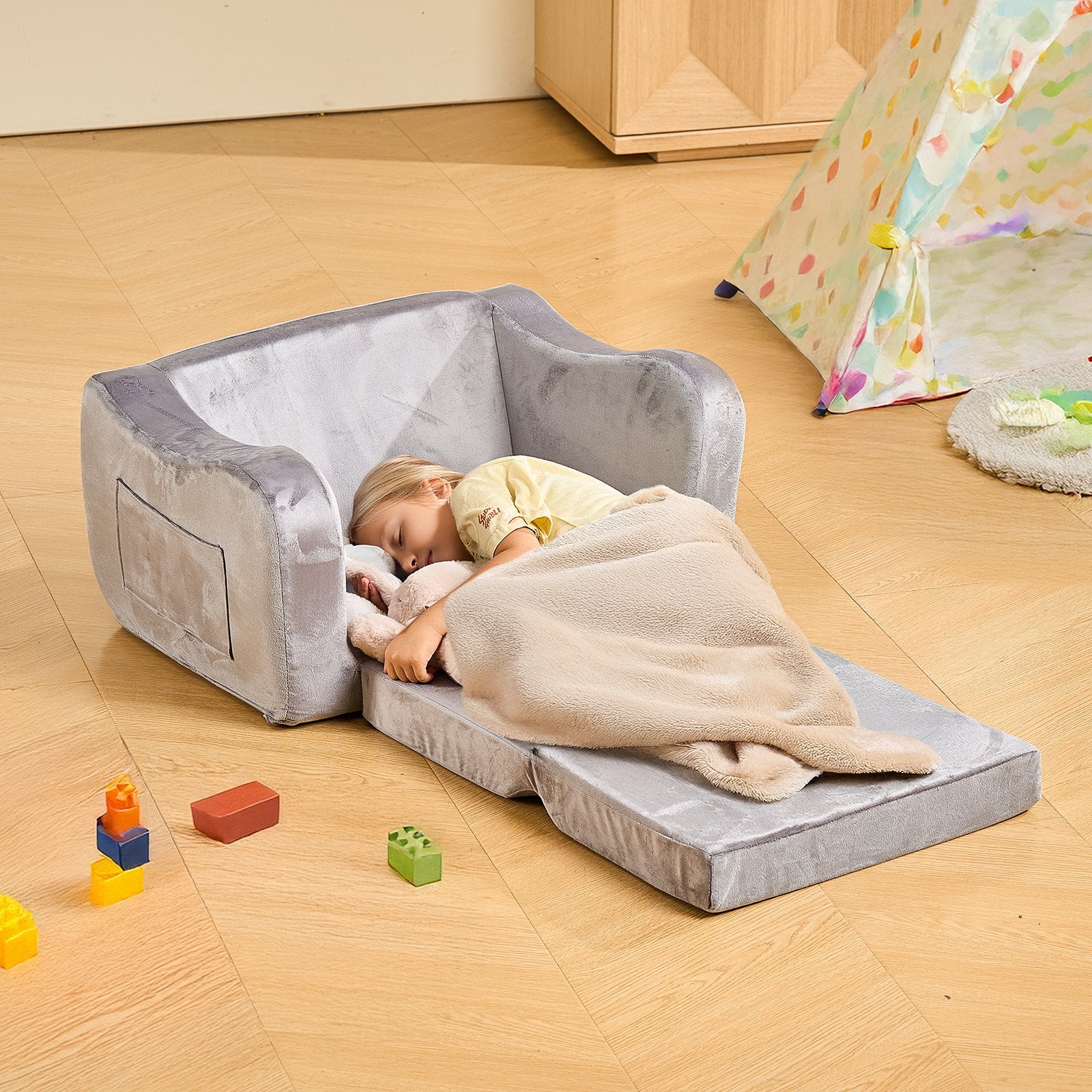 2-in-1 Kids Sofa Foldable Toddler Couch, Convertible Chair to Lounger Gray M