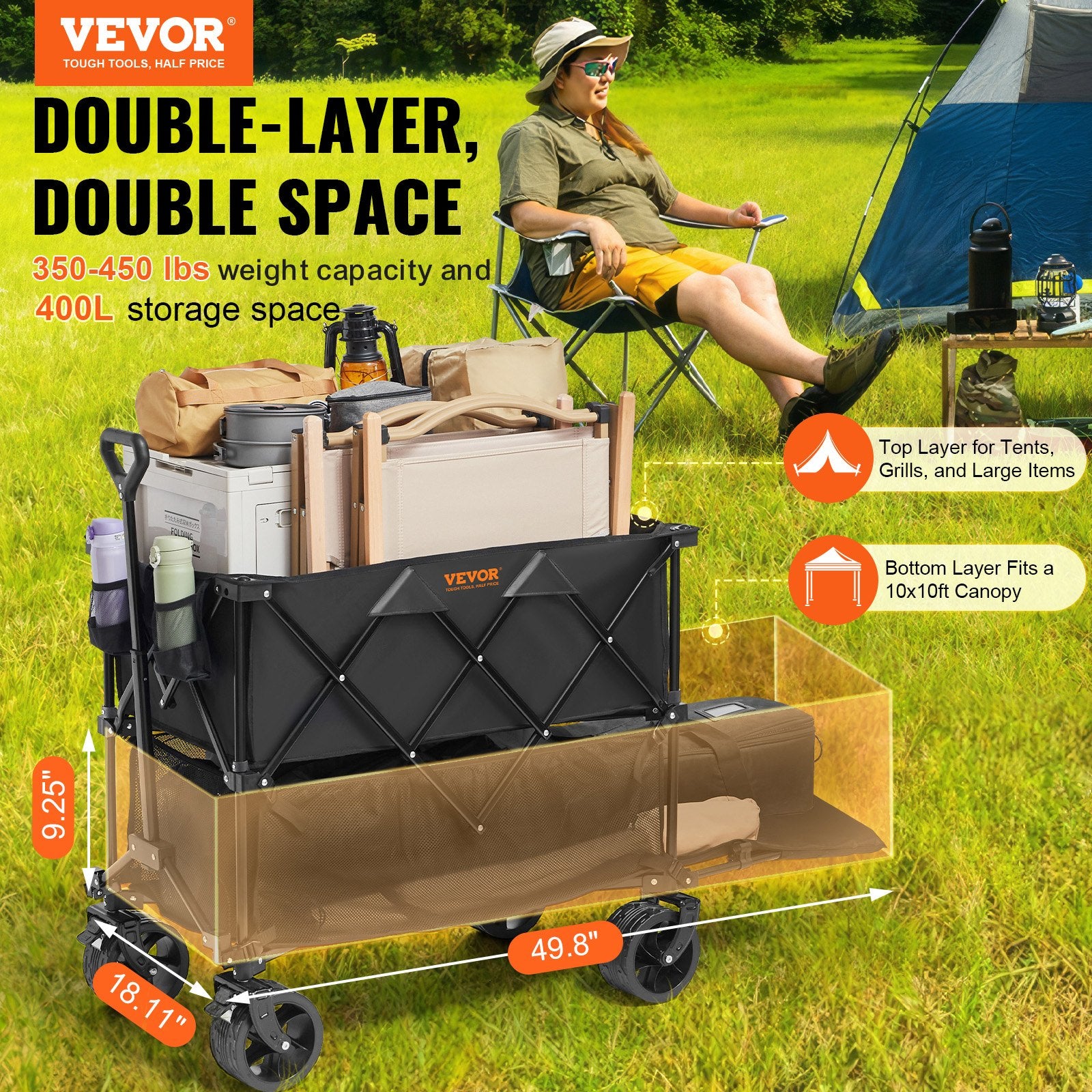 Wagon Double Decker Foldable 400L Collapsible All-Terrain Wheels 350-450LB