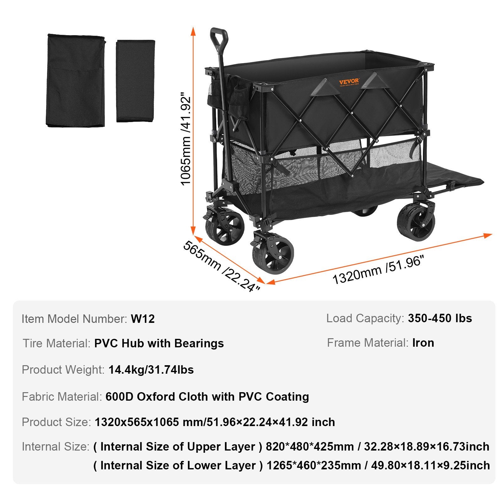 Wagon Double Decker Foldable 400L Collapsible All-Terrain Wheels 350-450LB