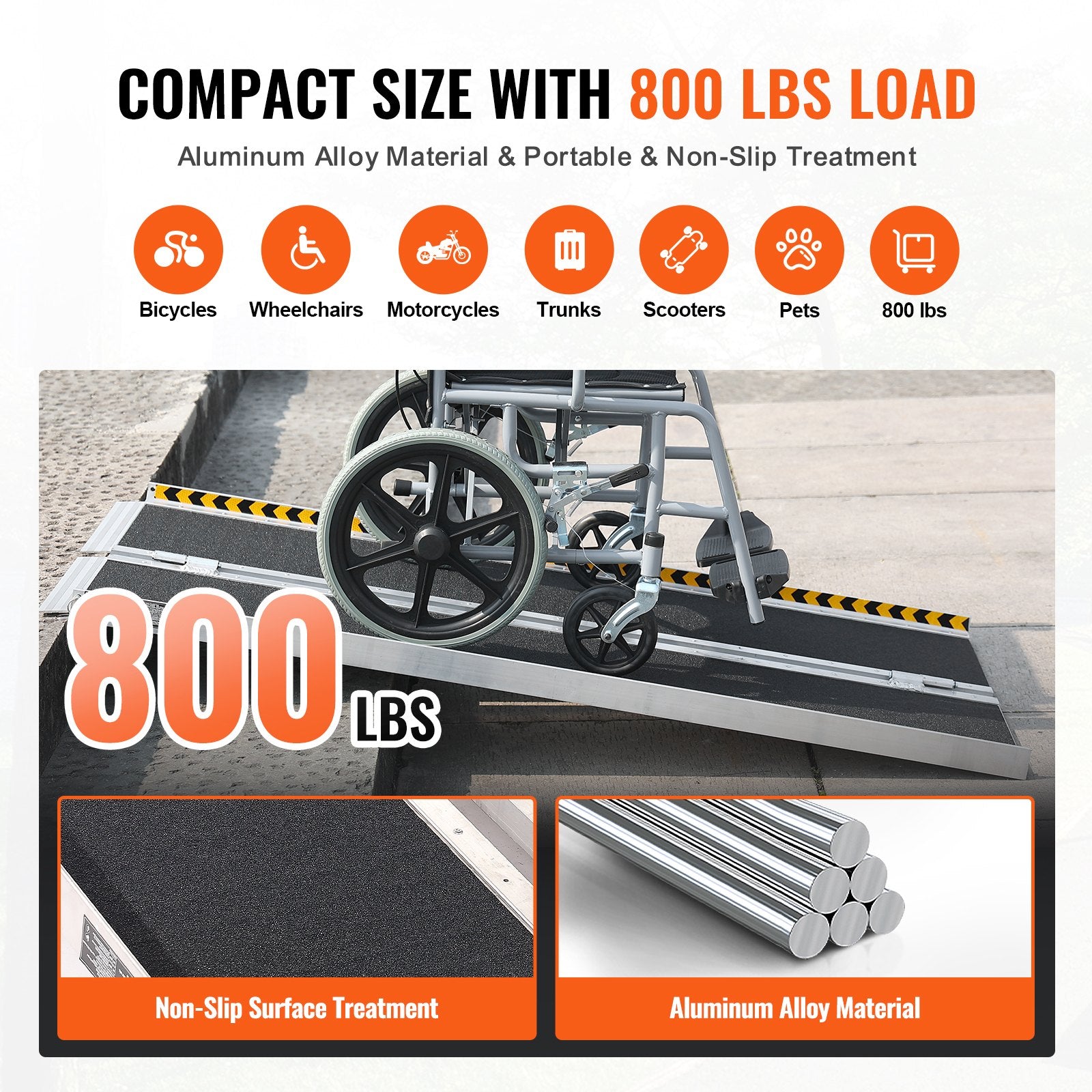 Portable Wheelchair Ramp 122cm Aluminum Folding Non-Slip 363kg Capacity