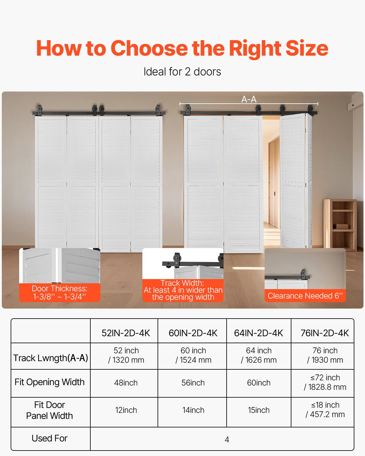 Bi-Folding Sliding Barn Door Hardware Track Kit 64in Heavy Duty 4 Doors